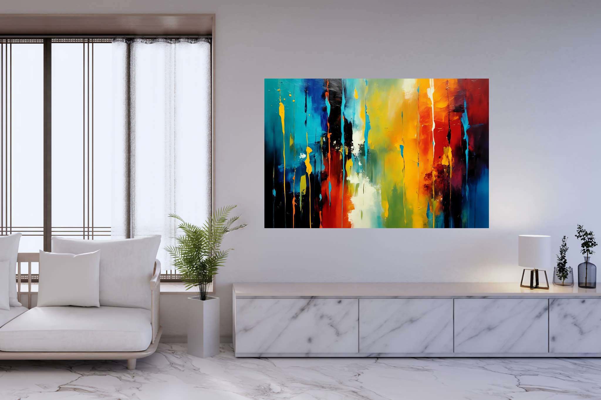 Chroma rhythms dance: Vibrant stripes art with vibrant mixed media art, in a room with great design, fine art prints, and interior decorations. The art can be printed on poster, framed poster, canvas, metal, acrylic or wood, exclusively at WallArtZen. Find this exact print at https://wallartzen.com/waz38