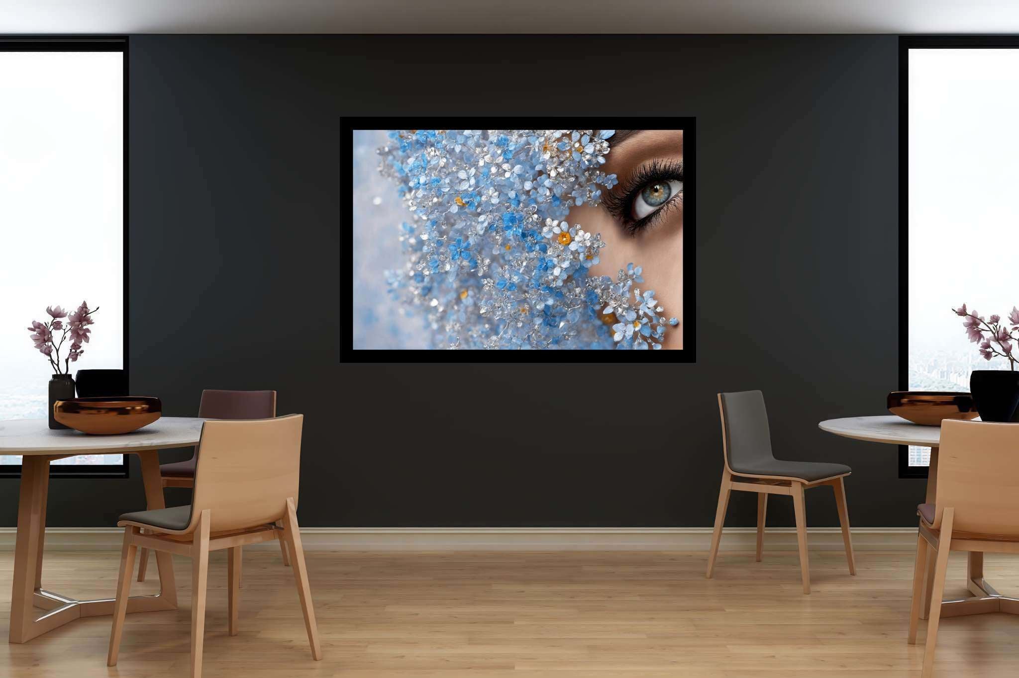 Eyes amidst azure reverie: Crystal flower art with crystal artwork, in a room with minimalist approach, framed art, and stylish accessories. The art can be printed on poster, framed poster, canvas, metal, acrylic or wood, exclusively at WallArtZen. Find this exact print at https://wallartzen.com/waz3