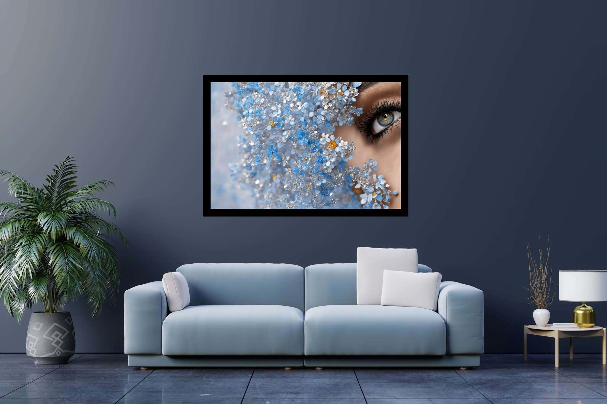 Eyes amidst azure reverie: Crystal flower art with crystal art collection, in a room with classic elegance, fine art prints, and home furnishings. The art can be printed on poster, framed poster, canvas, metal, acrylic or wood, exclusively at WallArtZen. Find this exact print at https://wallartzen.com/waz3