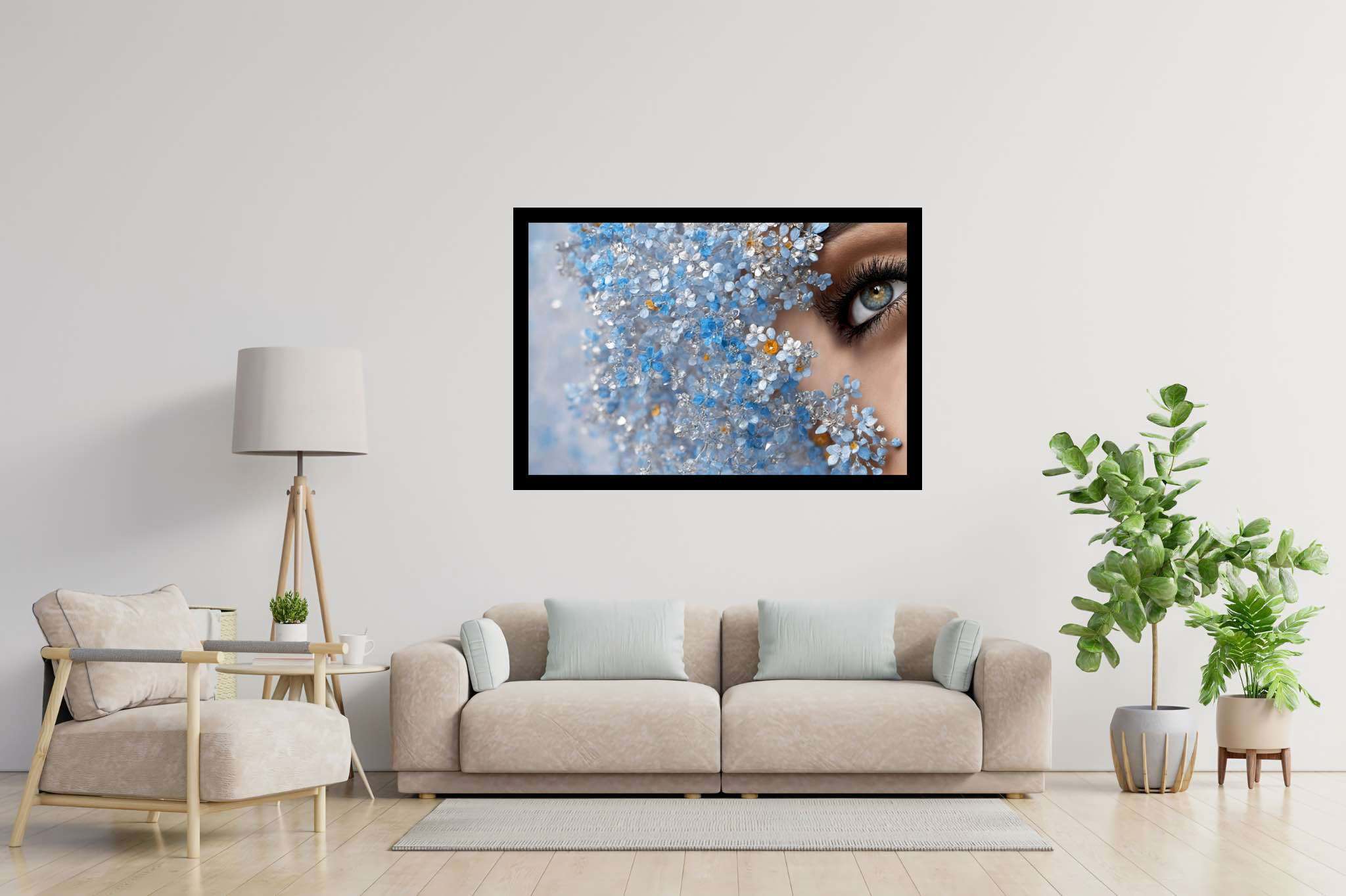 Eyes amidst azure reverie: Crystal flower art with crystal artwork, in a room with modern style, gallery-quality artwork, and stylish accessories. The art can be printed on poster, framed poster, canvas, metal, acrylic or wood, exclusively at WallArtZen. Find this exact print at https://wallartzen.com/waz3