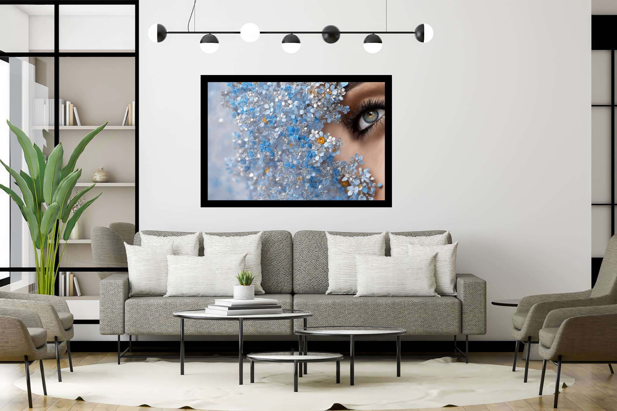 Eyes amidst azure reverie: Crystal flower art with crystal flower arrangements, in a room with minimalist approach, mural artworks, and home styling items. The art can be printed on poster, framed poster, canvas, metal, acrylic or wood, exclusively at WallArtZen. Find this exact print at https://wallartzen.com/waz3