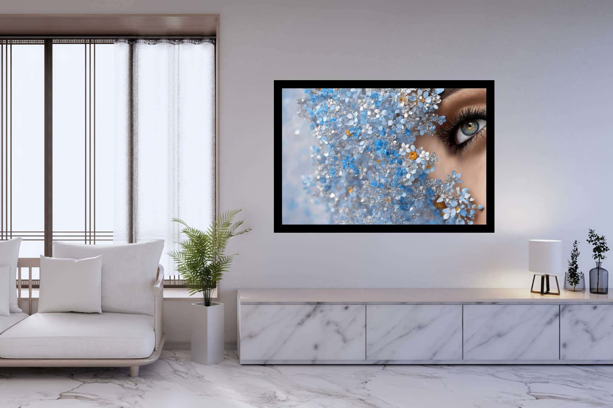 Eyes amidst azure reverie: Crystal flower art with organic art, in a room with elegant layout, digital art pieces, and designer furniture. The art can be printed on poster, framed poster, canvas, metal, acrylic or wood, exclusively at WallArtZen. Find this exact print at https://wallartzen.com/waz3