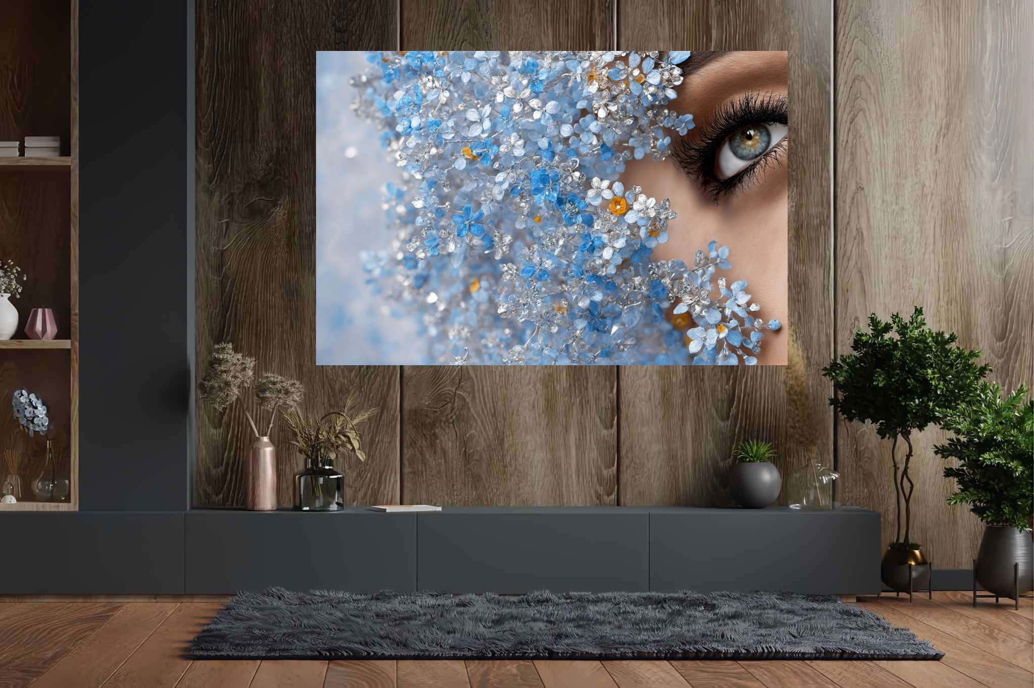 Eyes amidst azure reverie: Crystal flower art with crystal art decor, in a room with urban design, framed art, and stylish accessories. The art can be printed on poster, framed poster, canvas, metal, acrylic or wood, exclusively at WallArtZen. Find this exact print at https://wallartzen.com/waz3