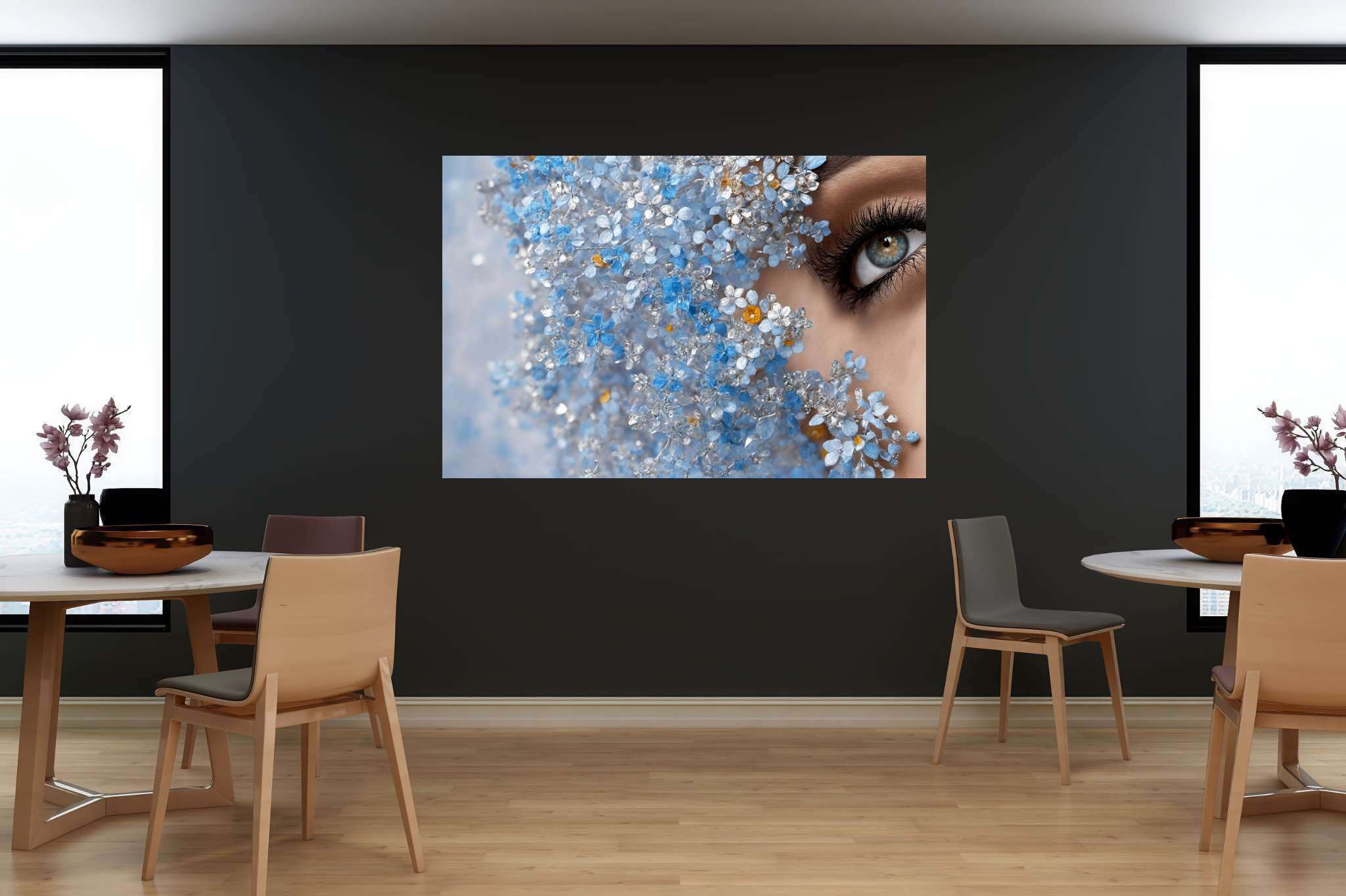 Eyes amidst azure reverie: Crystal flower art with crystal flower art, in a room with chic decor, framed art, and stylish accessories. The art can be printed on poster, framed poster, canvas, metal, acrylic or wood, exclusively at WallArtZen. Find this exact print at https://wallartzen.com/waz3
