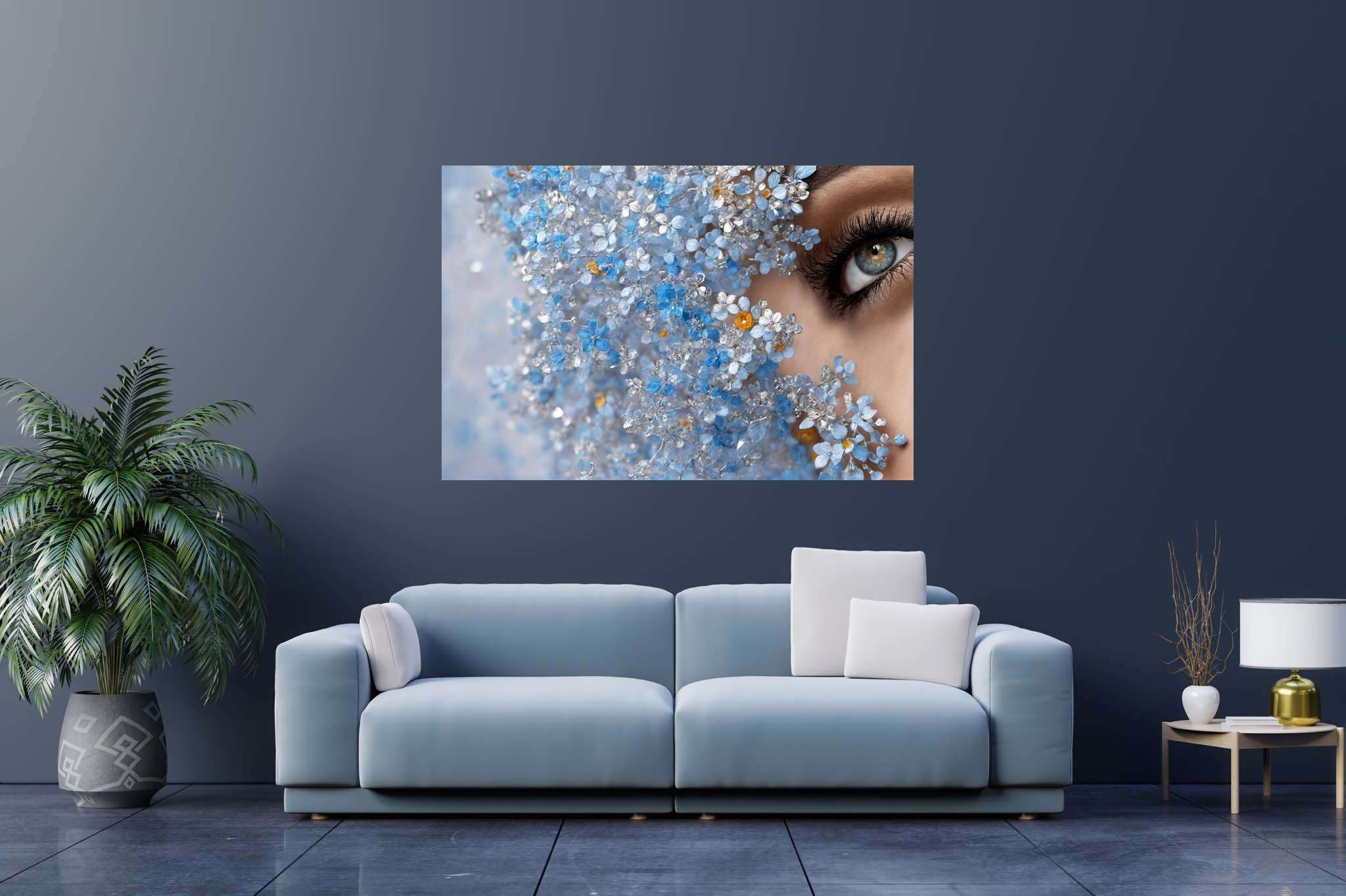 Eyes amidst azure reverie: Crystal flower art with botanical art, in a room with great design, framed art, and decorative pieces. The art can be printed on poster, framed poster, canvas, metal, acrylic or wood, exclusively at WallArtZen. Find this exact print at https://wallartzen.com/waz3