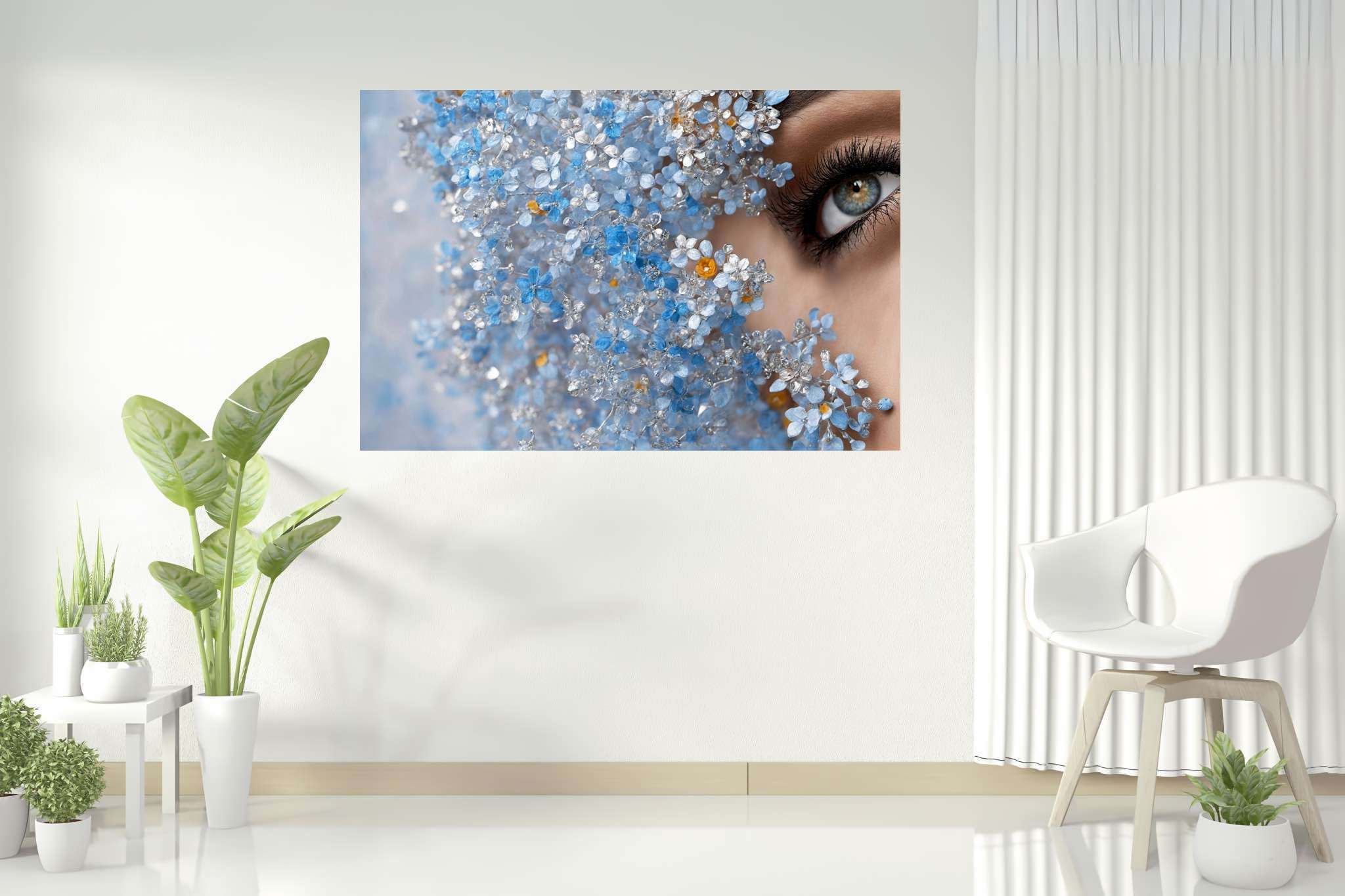 Eyes amidst azure reverie: Crystal flower art with botanical art, in a room with classic elegance, fine art prints, and artisan decor. The art can be printed on poster, framed poster, canvas, metal, acrylic or wood, exclusively at WallArtZen. Find this exact print at https://wallartzen.com/waz3