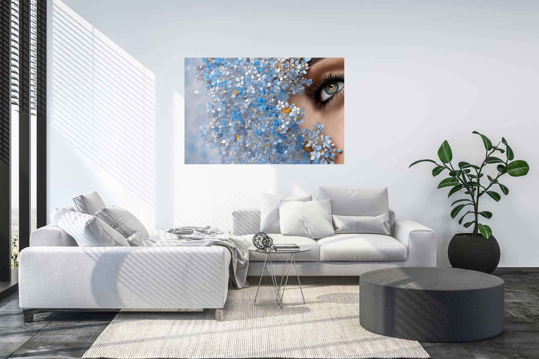Eyes amidst azure reverie: Crystal flower art with floral sculpture, in a room with contemporary flair, canvas prints, and luxe decor. The art can be printed on poster, framed poster, canvas, metal, acrylic or wood, exclusively at WallArtZen. Find this exact print at https://wallartzen.com/waz3