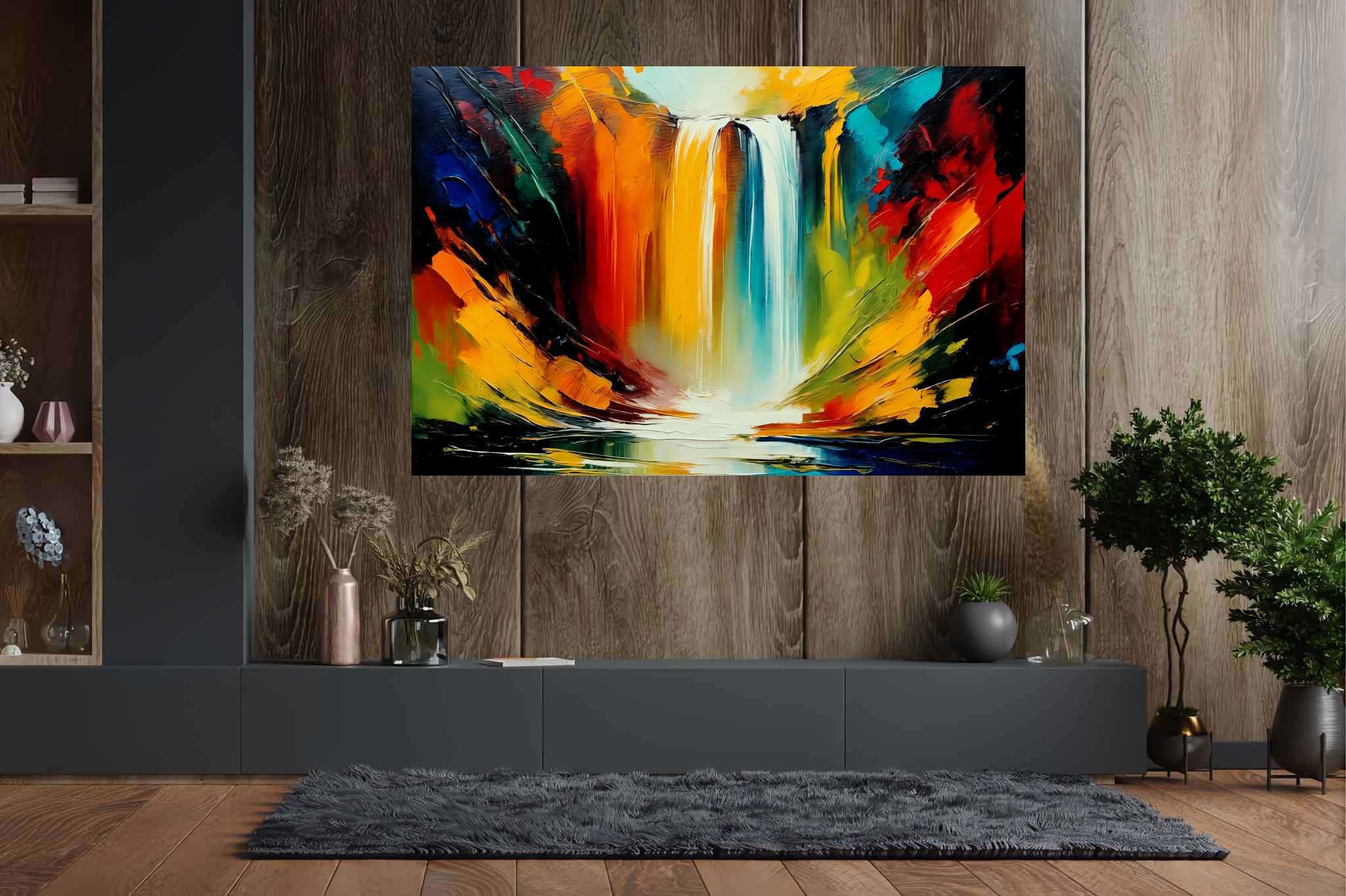 Cascade's embrace: Waterfall art with landscape artwork, in a room with innovative layout, digital art pieces, and elegant home goods. The art can be printed on poster, framed poster, canvas, metal, acrylic or wood, exclusively at WallArtZen. Find this exact print at https://wallartzen.com/waz40