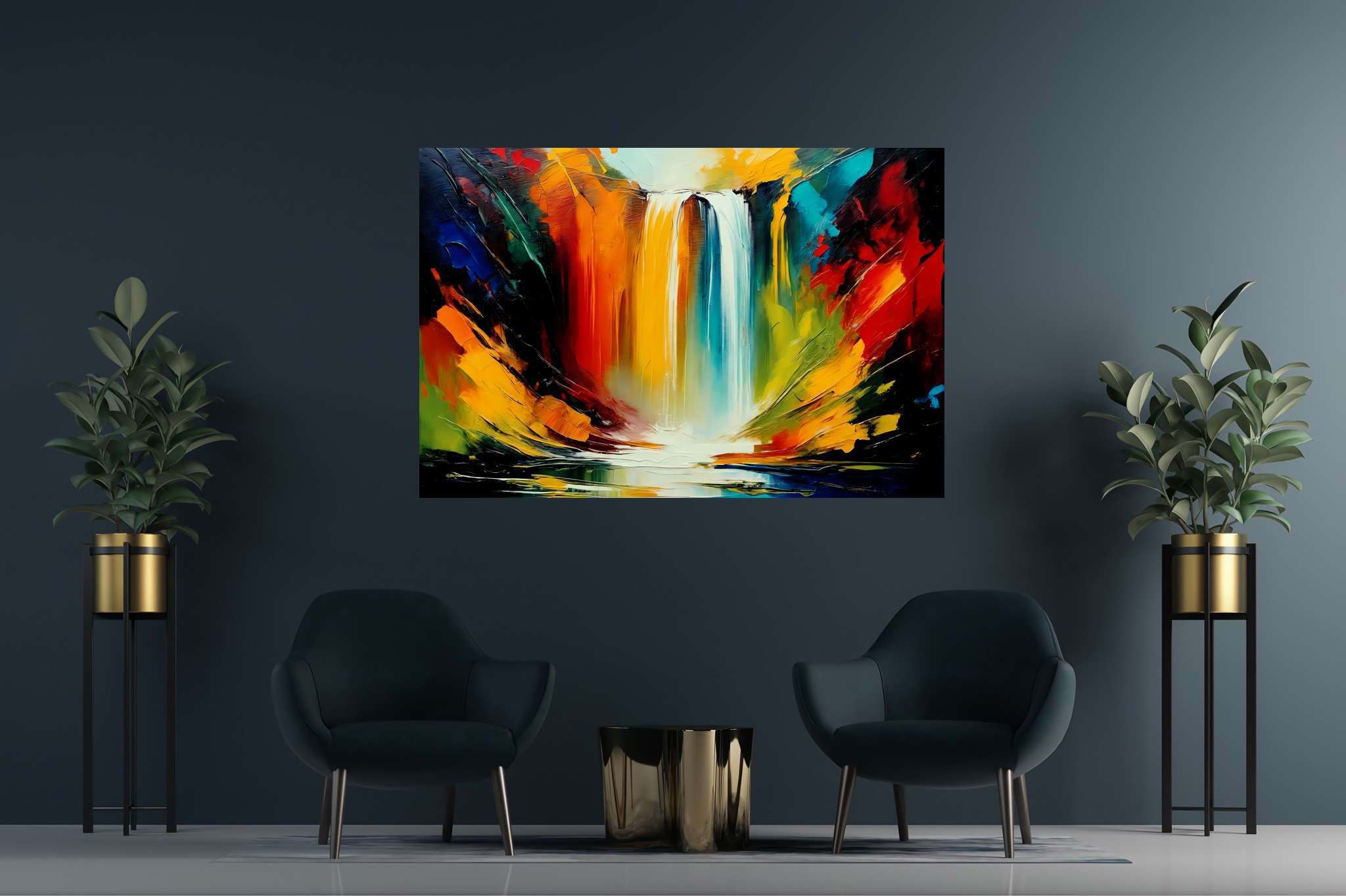 Cascade's embrace: Waterfall art with nature paintings, in a room with artistic style, photographic wall art, and home styling items. The art can be printed on poster, framed poster, canvas, metal, acrylic or wood, exclusively at WallArtZen. Find this exact print at https://wallartzen.com/waz40