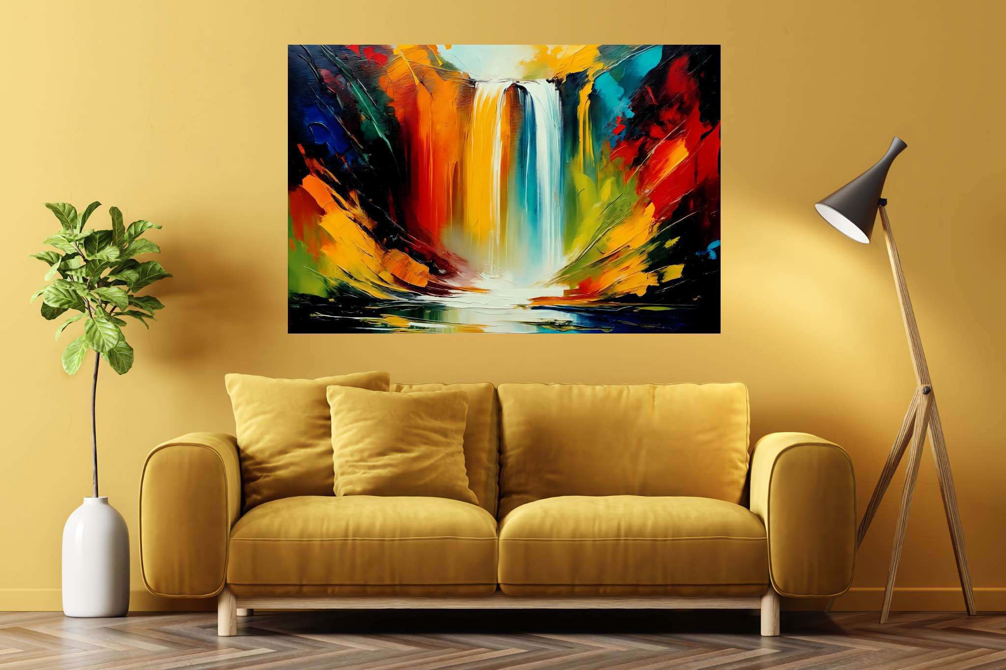 Cascade's embrace: Waterfall art with digital art, in a room with classic elegance, wall art, and stylish accessories. The art can be printed on poster, framed poster, canvas, metal, acrylic or wood, exclusively at WallArtZen. Find this exact print at https://wallartzen.com/waz40