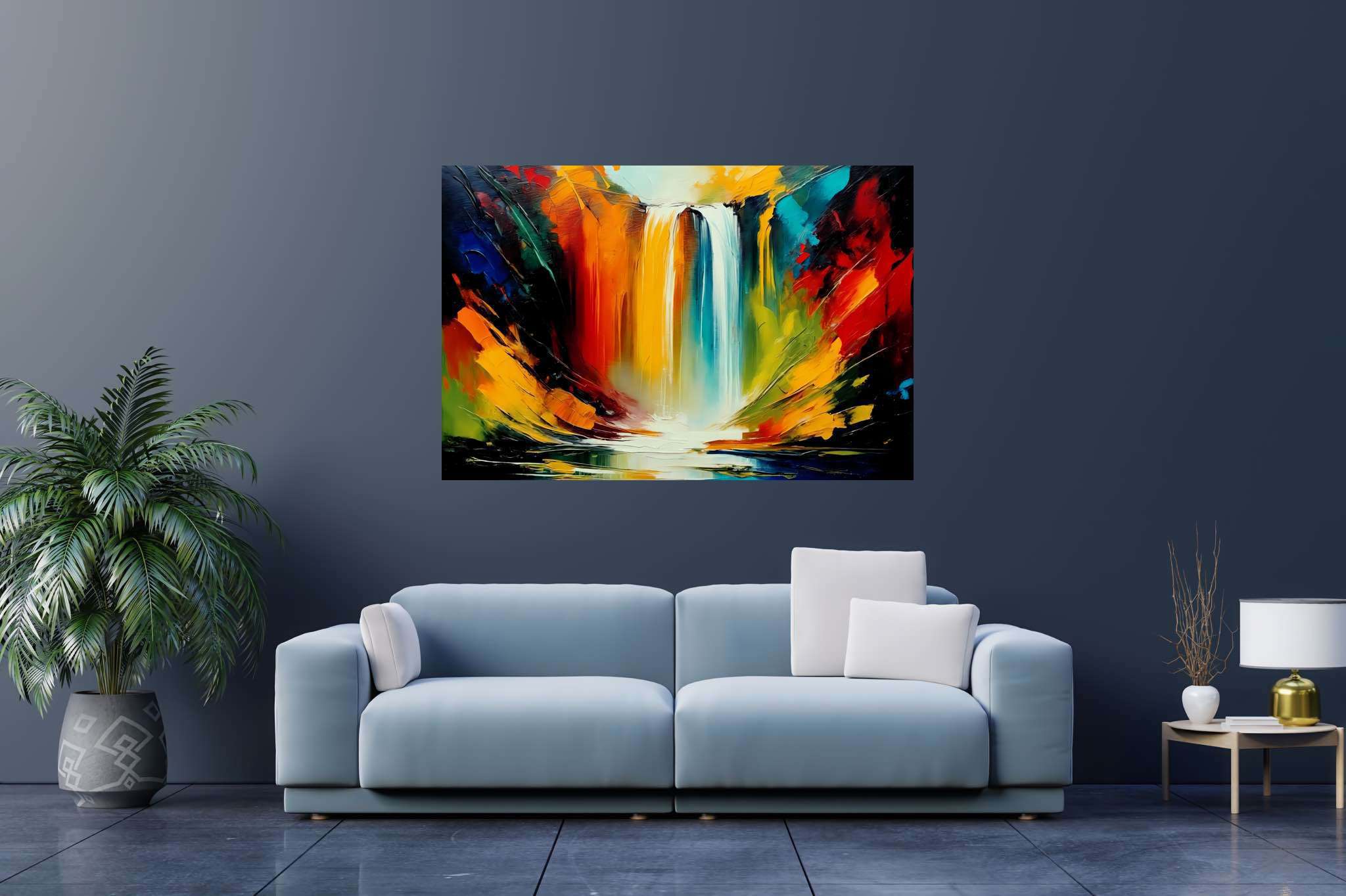 Cascade's embrace: Waterfall art with nature paintings, in a room with minimalist approach, framed art, and stylish accessories. The art can be printed on poster, framed poster, canvas, metal, acrylic or wood, exclusively at WallArtZen. Find this exact print at https://wallartzen.com/waz40