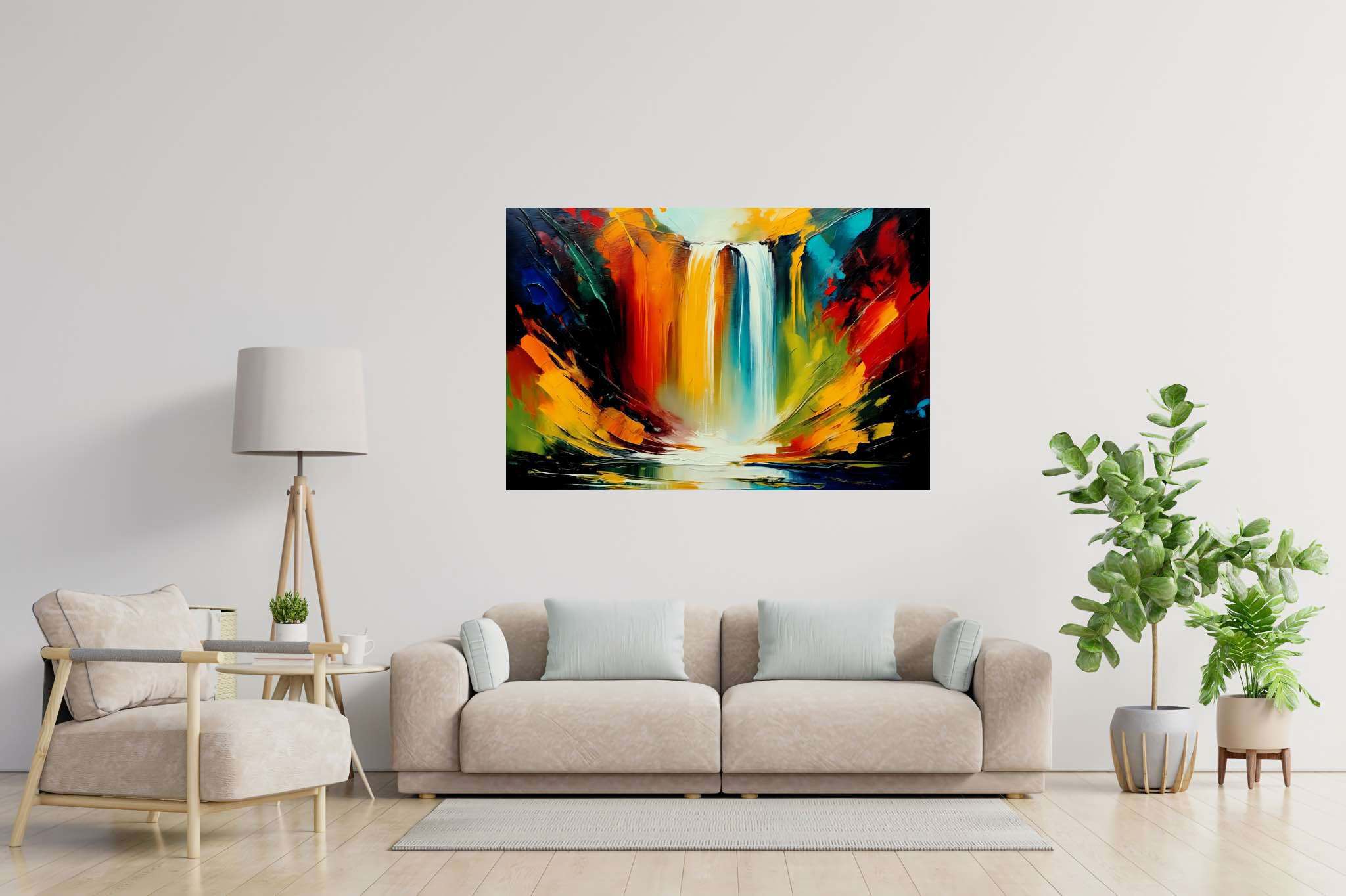 Cascade's embrace: Waterfall art with serene beauty, in a room with classic elegance, abstract paintings, and home styling items. The art can be printed on poster, framed poster, canvas, metal, acrylic or wood, exclusively at WallArtZen. Find this exact print at https://wallartzen.com/waz40