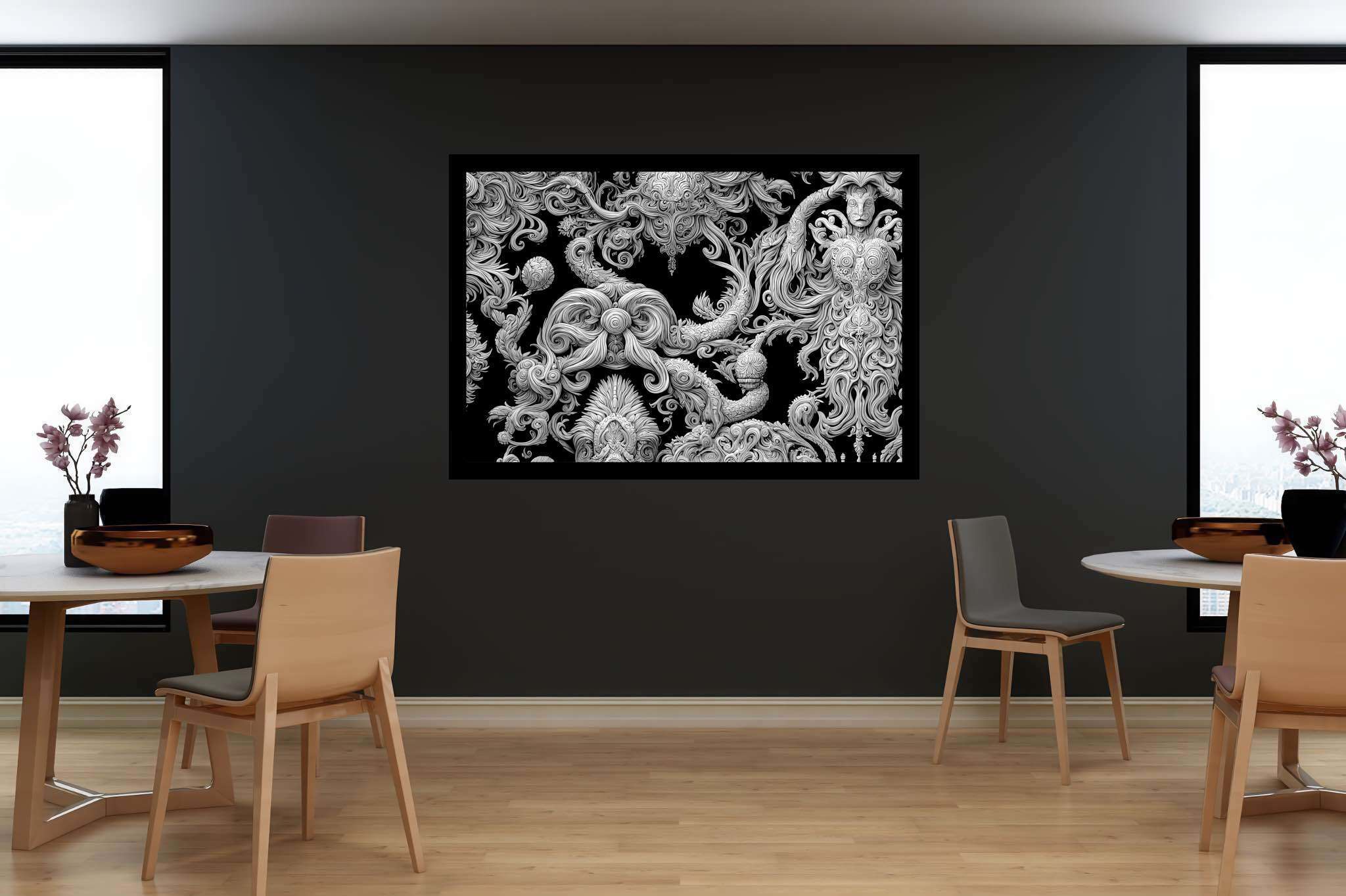 Silhouette sonata: Intricate wood-carved art with intricate handmade sculptures, in a room with chic decor, canvas prints, and elegant home goods. The art can be printed on poster, framed poster, canvas, metal, acrylic or wood, exclusively at WallArtZen. Find this exact print at https://wallartzen.com/waz41