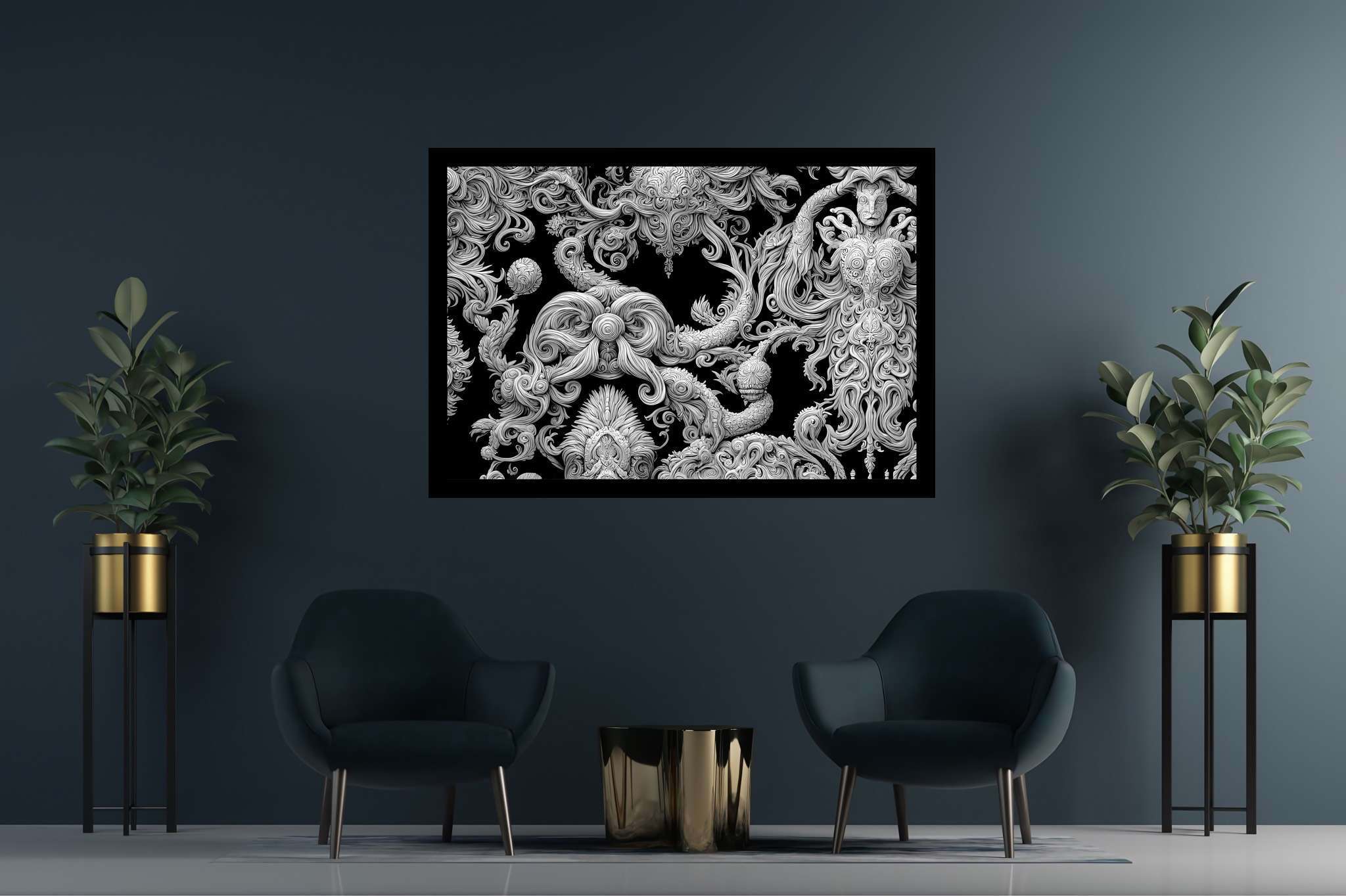 Silhouette sonata: Intricate wood-carved art with exquisite wood carvings, in a room with elegant layout, gallery-quality artwork, and home furnishings. The art can be printed on poster, framed poster, canvas, metal, acrylic or wood, exclusively at WallArtZen. Find this exact print at https://wallartzen.com/waz41