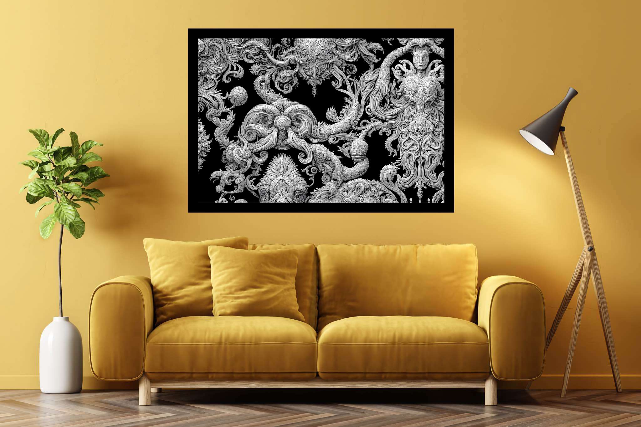 Silhouette sonata: Intricate wood-carved art with ornate craftsmanship, in a room with modern style, photographic wall art, and decorative pieces. The art can be printed on poster, framed poster, canvas, metal, acrylic or wood, exclusively at WallArtZen. Find this exact print at https://wallartzen.com/waz41