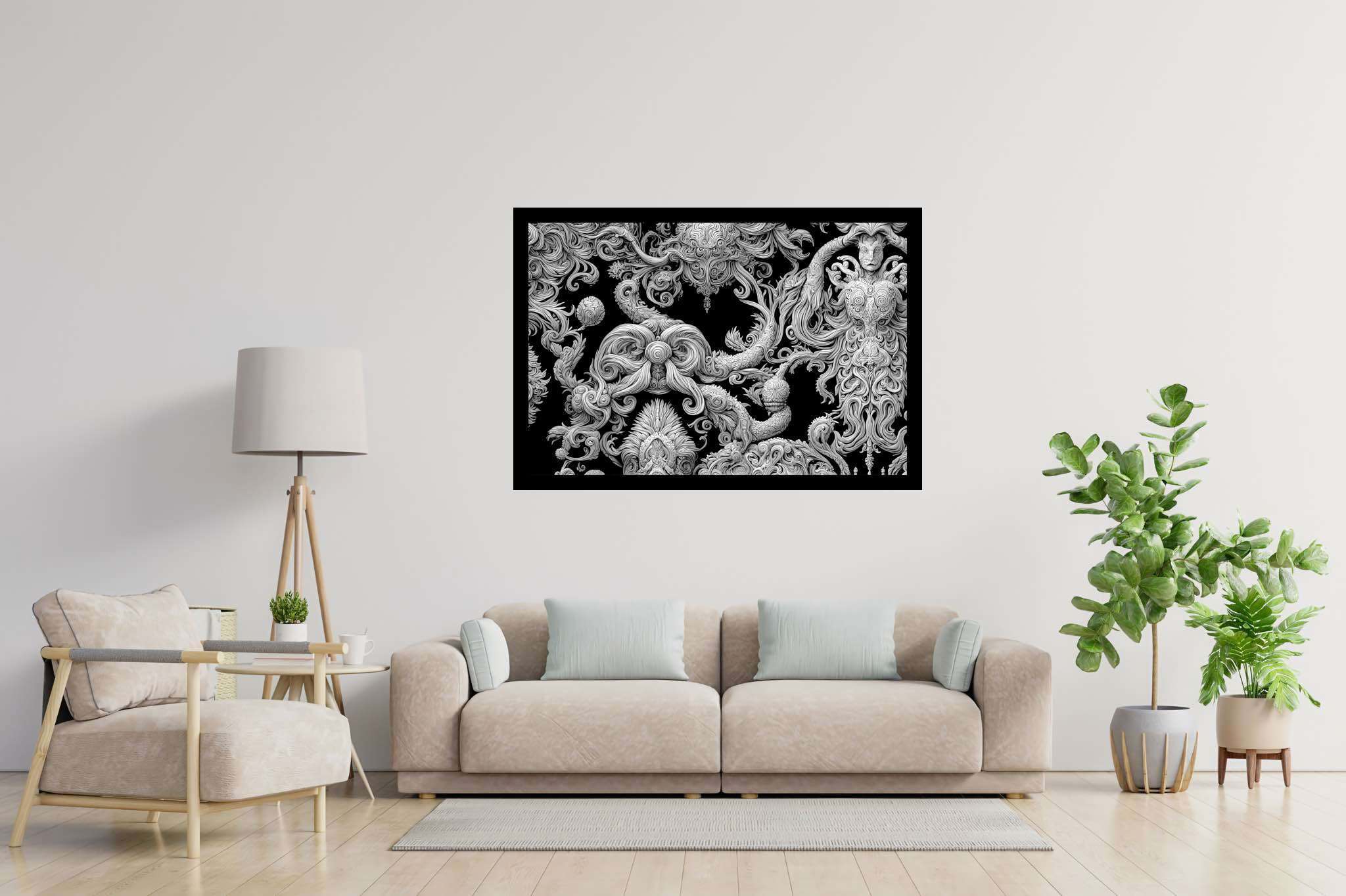 Silhouette sonata: Intricate wood-carved art with ornate craftsmanship, in a room with contemporary flair, digital art pieces, and stylish accessories. The art can be printed on poster, framed poster, canvas, metal, acrylic or wood, exclusively at WallArtZen. Find this exact print at https://wallartzen.com/waz41
