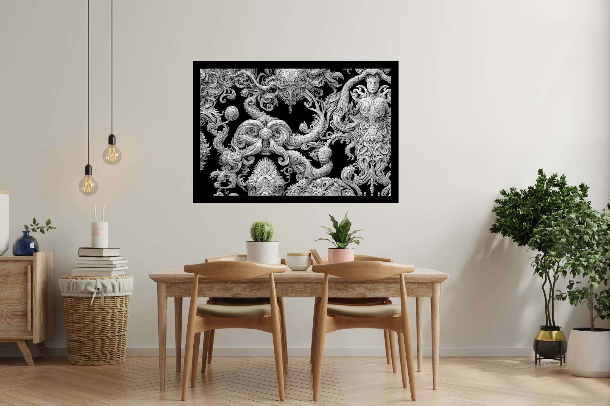 Silhouette sonata: Intricate wood-carved art with masterful woodwork, in a room with chic decor, wall art, and interior decorations. The art can be printed on poster, framed poster, canvas, metal, acrylic or wood, exclusively at WallArtZen. Find this exact print at https://wallartzen.com/waz41