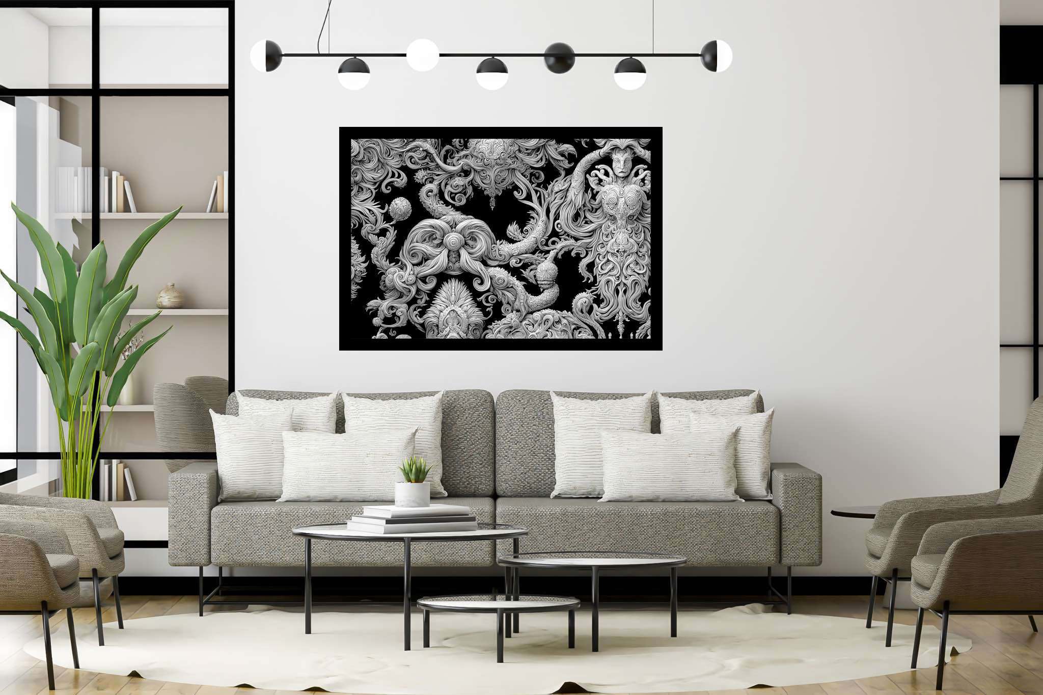 Silhouette sonata: Intricate wood-carved art with masterful woodwork, in a room with innovative layout, photographic wall art, and interior decorations. The art can be printed on poster, framed poster, canvas, metal, acrylic or wood, exclusively at WallArtZen. Find this exact print at https://wallartzen.com/waz41