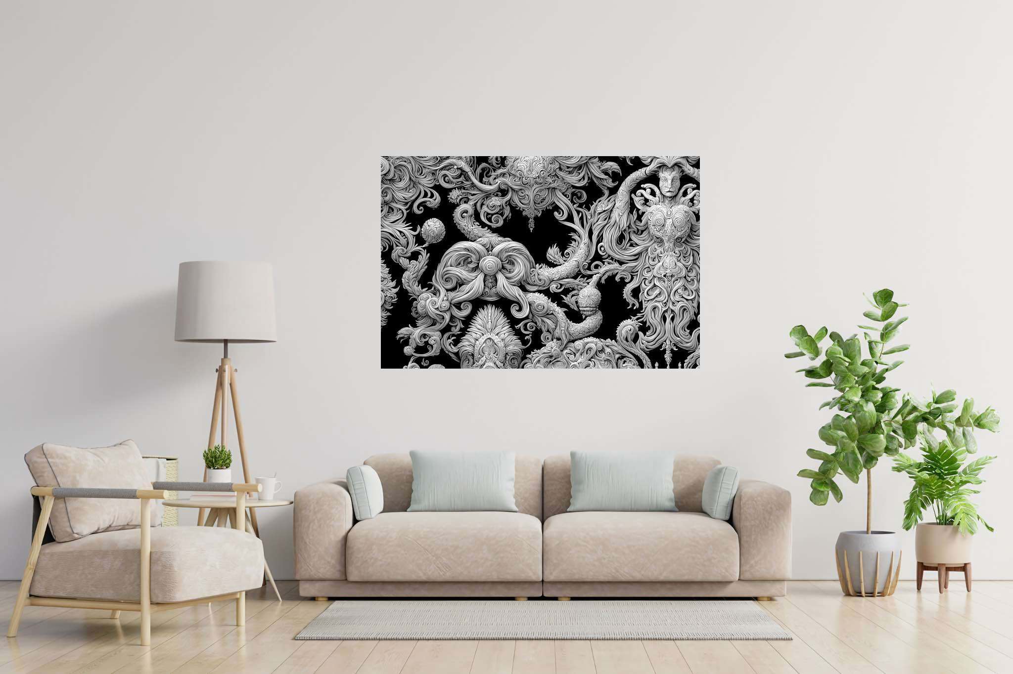 Silhouette sonata: Intricate wood-carved art with ornate craftsmanship, in a room with urban design, photographic wall art, and trendy home accents. The art can be printed on poster, framed poster, canvas, metal, acrylic or wood, exclusively at WallArtZen. Find this exact print at https://wallartzen.com/waz41