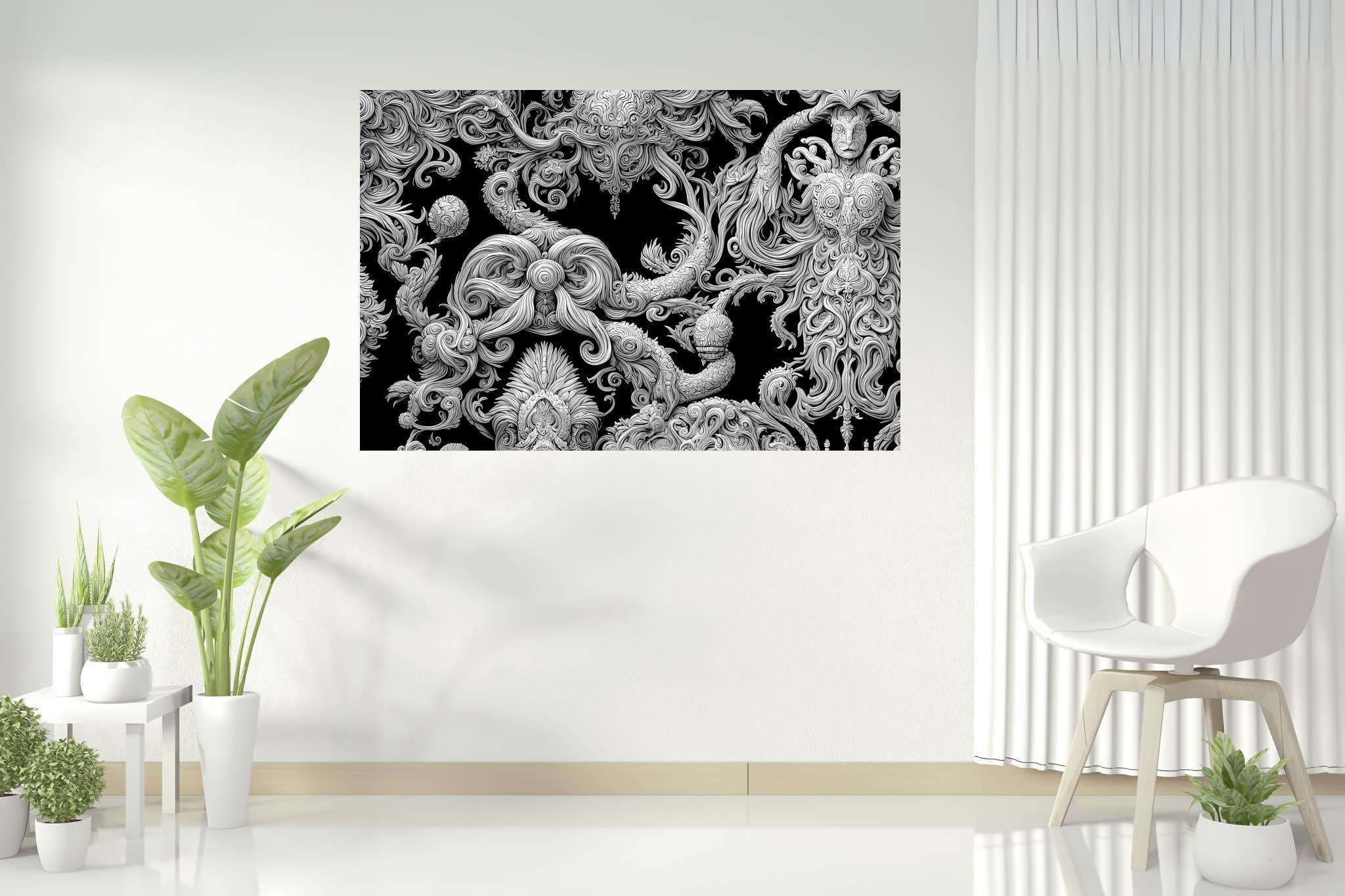 Silhouette sonata: Intricate wood-carved art with exquisite wood carvings, in a room with urban design, gallery-quality artwork, and elegant home goods. The art can be printed on poster, framed poster, canvas, metal, acrylic or wood, exclusively at WallArtZen. Find this exact print at https://wallartzen.com/waz41