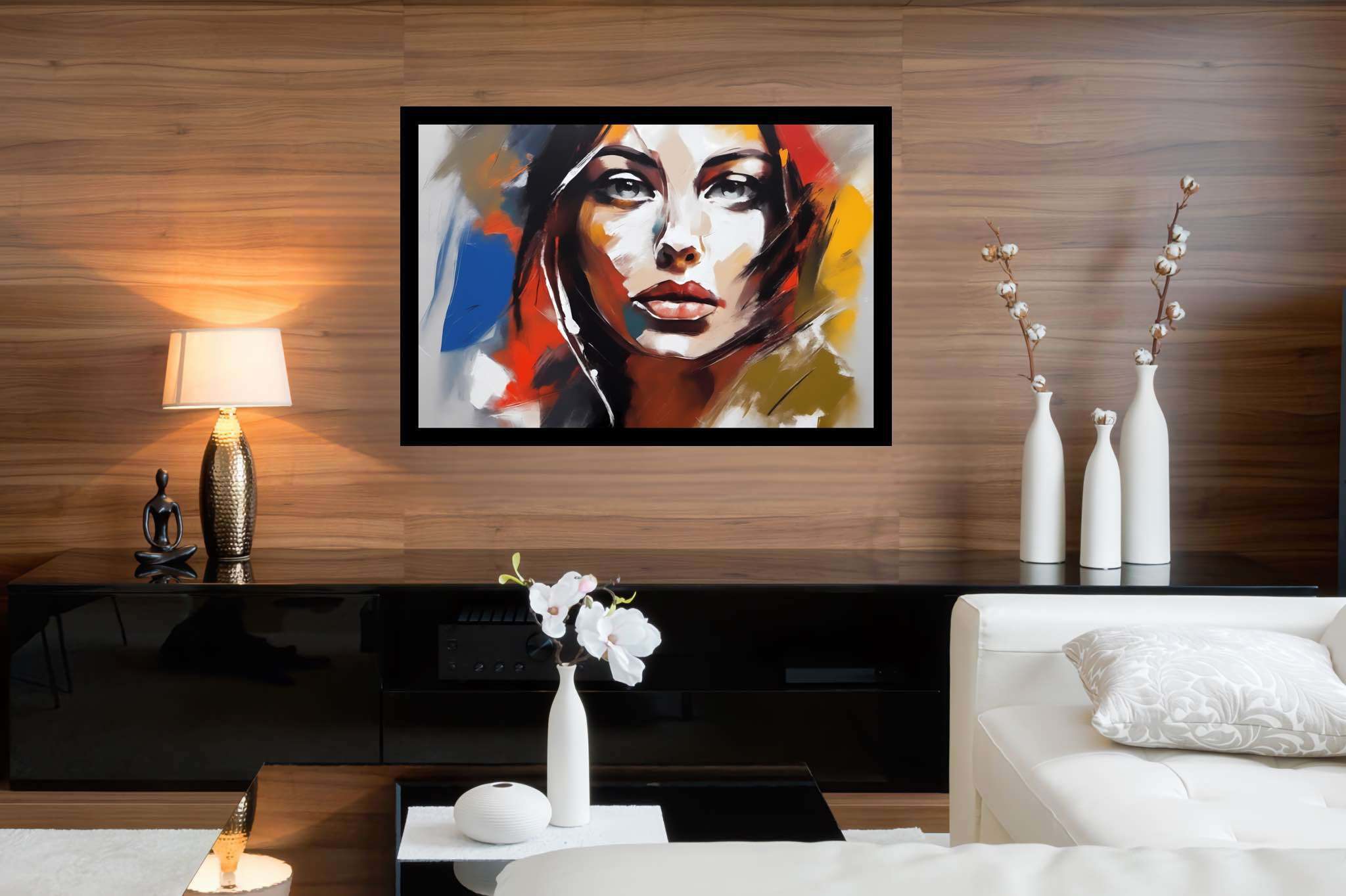 Ethereal gaze of the flame-haired muse: Surreal portrait art with fantastical face paintings, in a room with great design, abstract paintings, and home furnishings. The art can be printed on poster, framed poster, canvas, metal, acrylic or wood, exclusively at WallArtZen. Find this exact print at https://wallartzen.com/waz42
