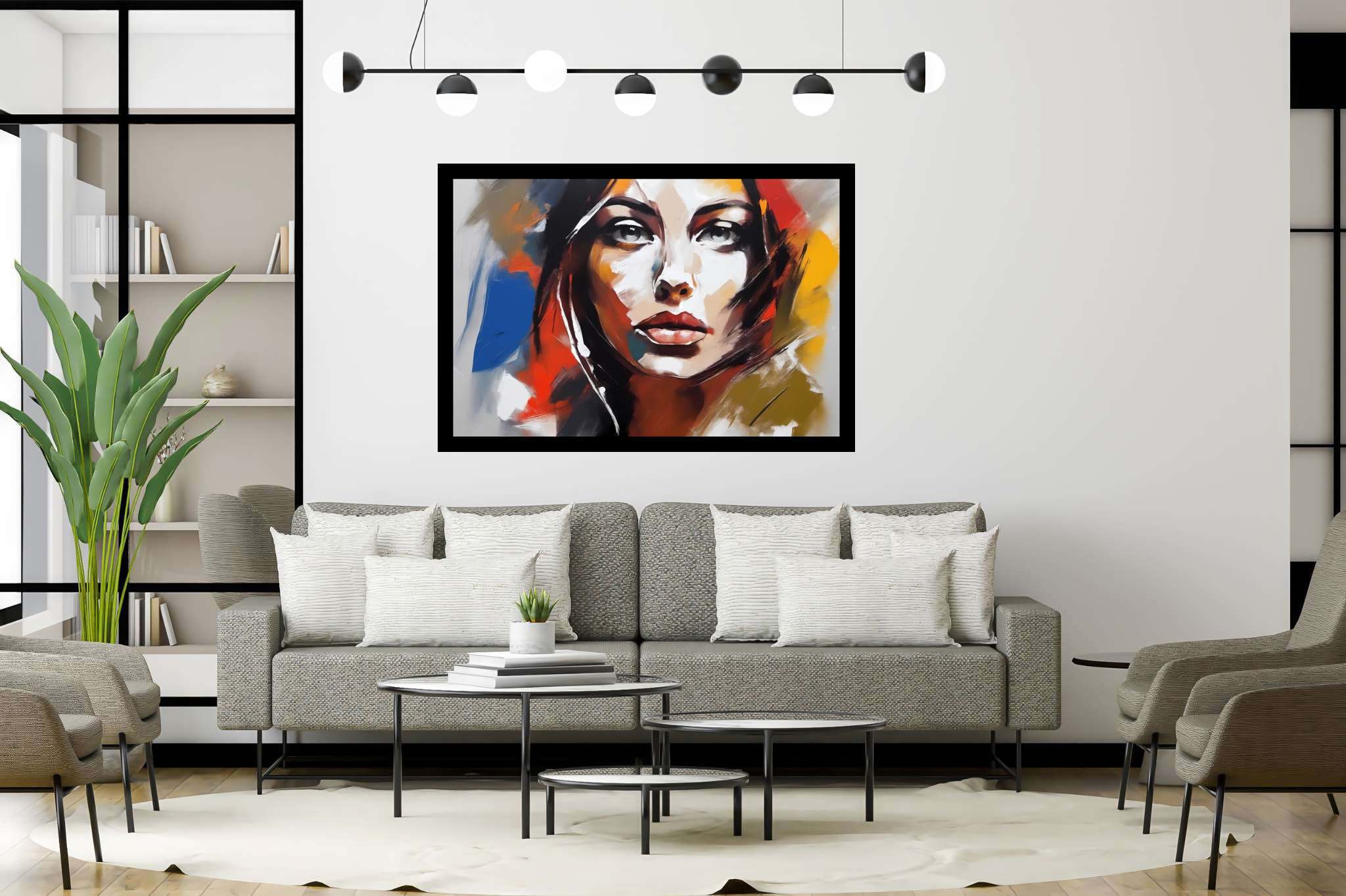 Ethereal gaze of the flame-haired muse: Surreal portrait art with surrealistic face art, in a room with minimalist approach, photographic wall art, and home styling items. The art can be printed on poster, framed poster, canvas, metal, acrylic or wood, exclusively at WallArtZen. Find this exact print at https://wallartzen.com/waz42