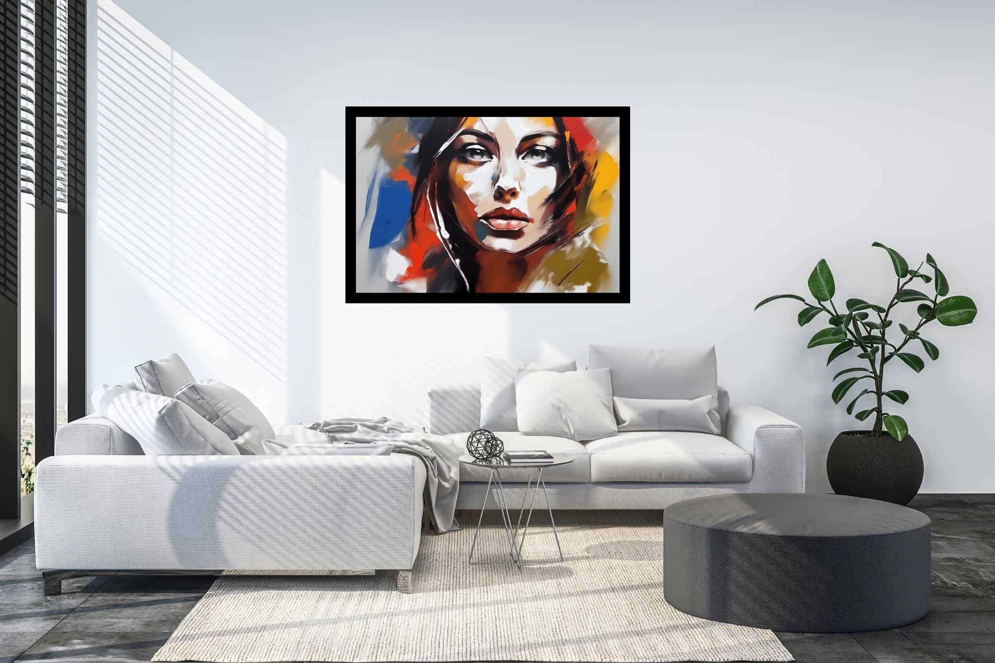 Ethereal gaze of the flame-haired muse: Surreal portrait art with phantasmagorical faces, in a room with great design, mural artworks, and trendy home accents. The art can be printed on poster, framed poster, canvas, metal, acrylic or wood, exclusively at WallArtZen. Find this exact print at https://wallartzen.com/waz42