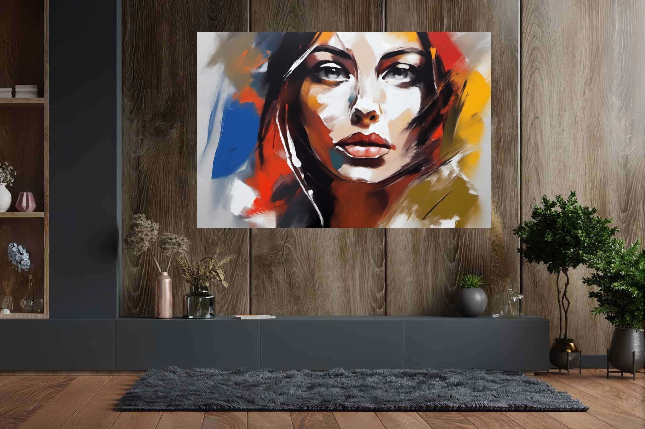 Ethereal gaze of the flame-haired muse: Surreal portrait art with unconventional portraiture, in a room with classic elegance, canvas prints, and luxe decor. The art can be printed on poster, framed poster, canvas, metal, acrylic or wood, exclusively at WallArtZen. Find this exact print at https://wallartzen.com/waz42