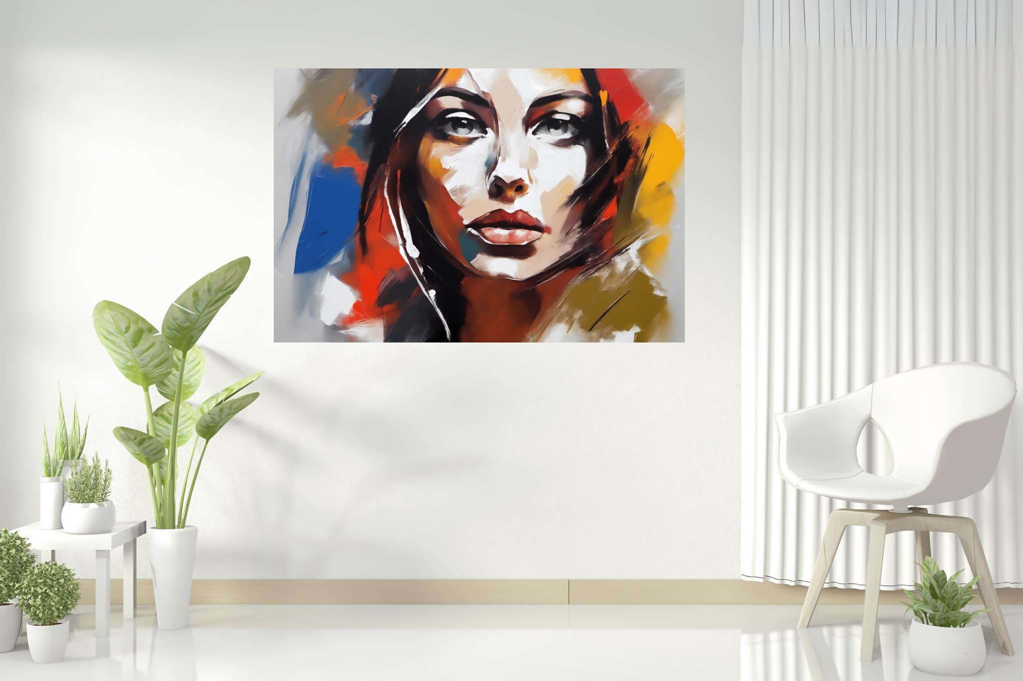 Ethereal gaze of the flame-haired muse: Surreal portrait art with uncanny image compositions, in a room with classic elegance, photographic wall art, and trendy home accents. The art can be printed on poster, framed poster, canvas, metal, acrylic or wood, exclusively at WallArtZen. Find this exact print at https://wallartzen.com/waz42