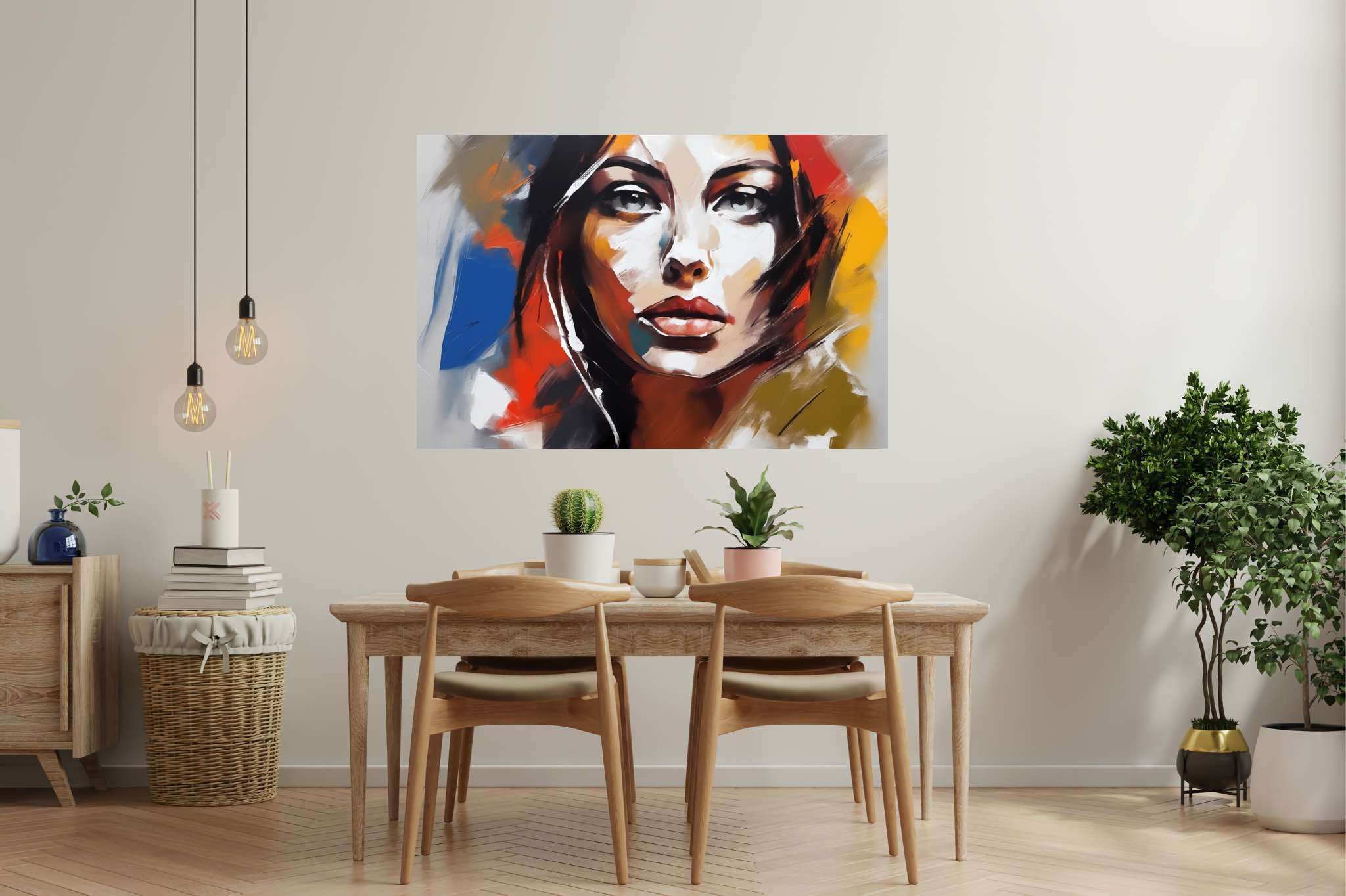 Ethereal gaze of the flame-haired muse: Surreal portrait art with abstract figurative art, in a room with modern style, abstract paintings, and stylish accessories. The art can be printed on poster, framed poster, canvas, metal, acrylic or wood, exclusively at WallArtZen. Find this exact print at https://wallartzen.com/waz42