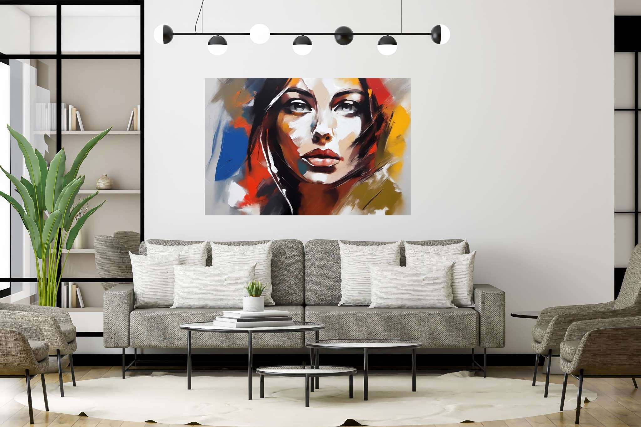 Ethereal gaze of the flame-haired muse: Surreal portrait art with fantastical face paintings, in a room with contemporary flair, abstract paintings, and decorative pieces. The art can be printed on poster, framed poster, canvas, metal, acrylic or wood, exclusively at WallArtZen. Find this exact print at https://wallartzen.com/waz42