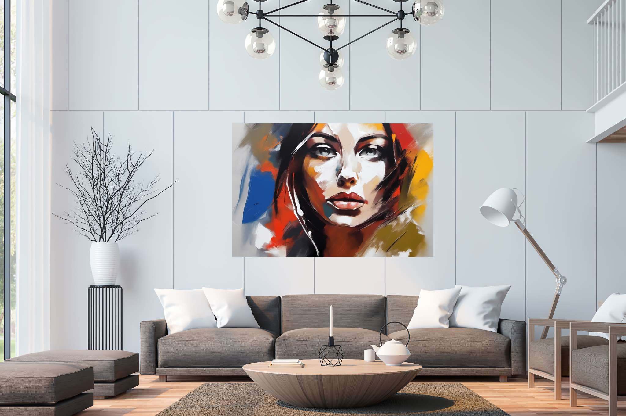 Ethereal gaze of the flame-haired muse: Surreal portrait art with unconventional portraiture, in a room with contemporary flair, framed art, and luxe decor. The art can be printed on poster, framed poster, canvas, metal, acrylic or wood, exclusively at WallArtZen. Find this exact print at https://wallartzen.com/waz42