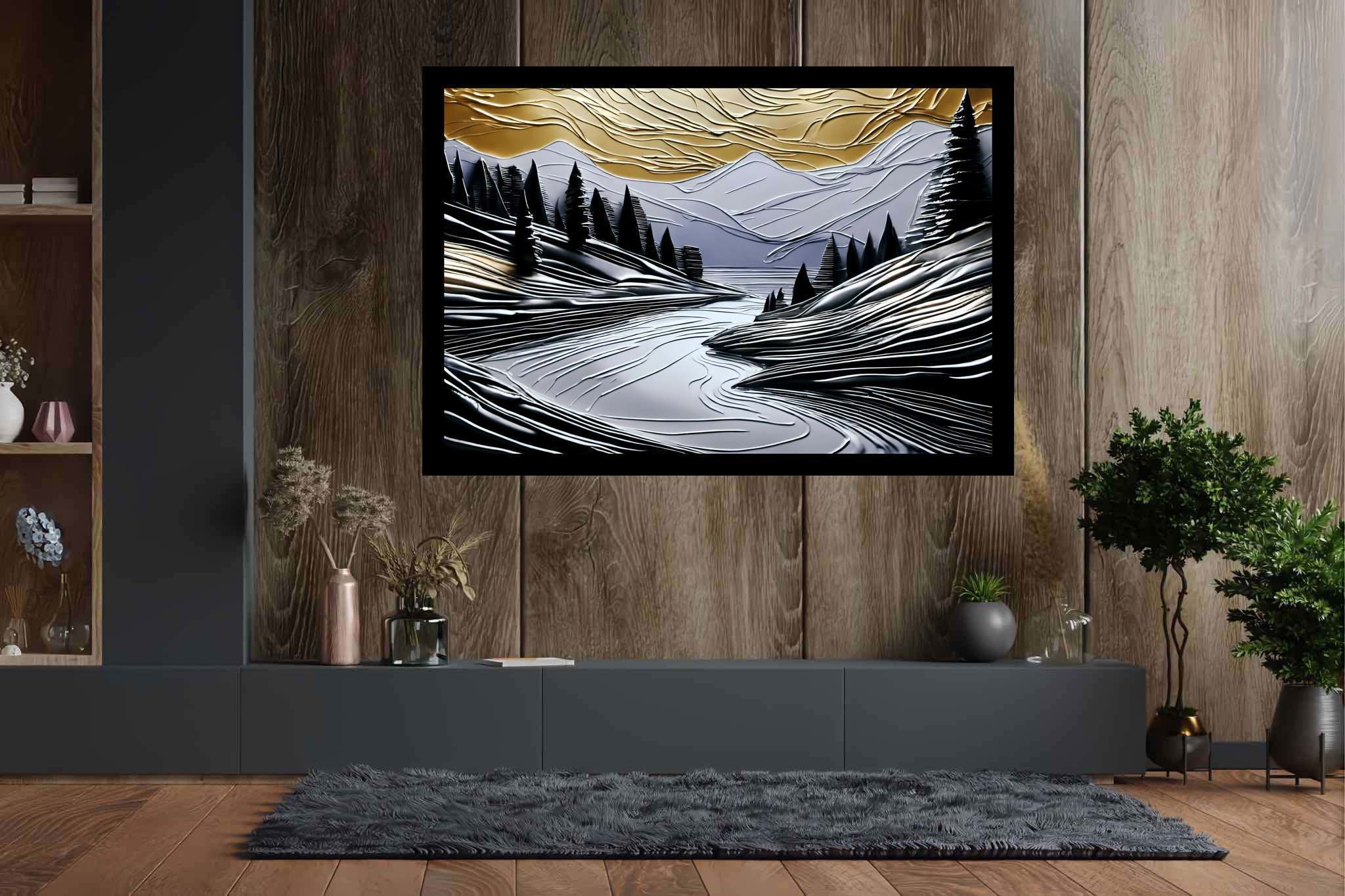 Serenade of dusk and peaks: Nature landscape art with artistic portrayal of nature, in a room with chic decor, wall art, and interior decorations. The art can be printed on poster, framed poster, canvas, metal, acrylic or wood, exclusively at WallArtZen. Find this exact print at https://wallartzen.com/waz44