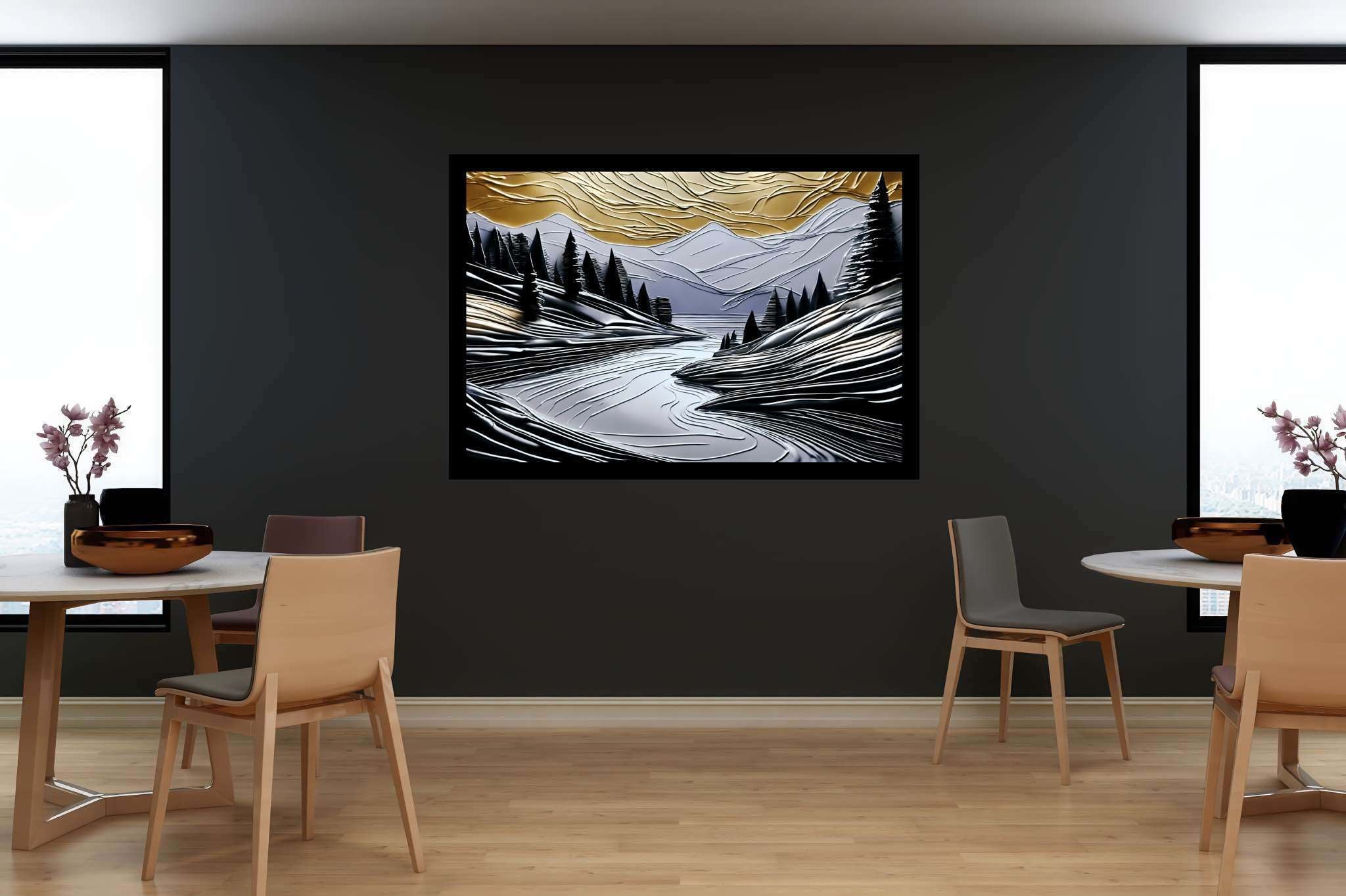 Serenade of dusk and peaks: Nature landscape art with nature-themed art, in a room with modern style, abstract paintings, and artisan decor. The art can be printed on poster, framed poster, canvas, metal, acrylic or wood, exclusively at WallArtZen. Find this exact print at https://wallartzen.com/waz44