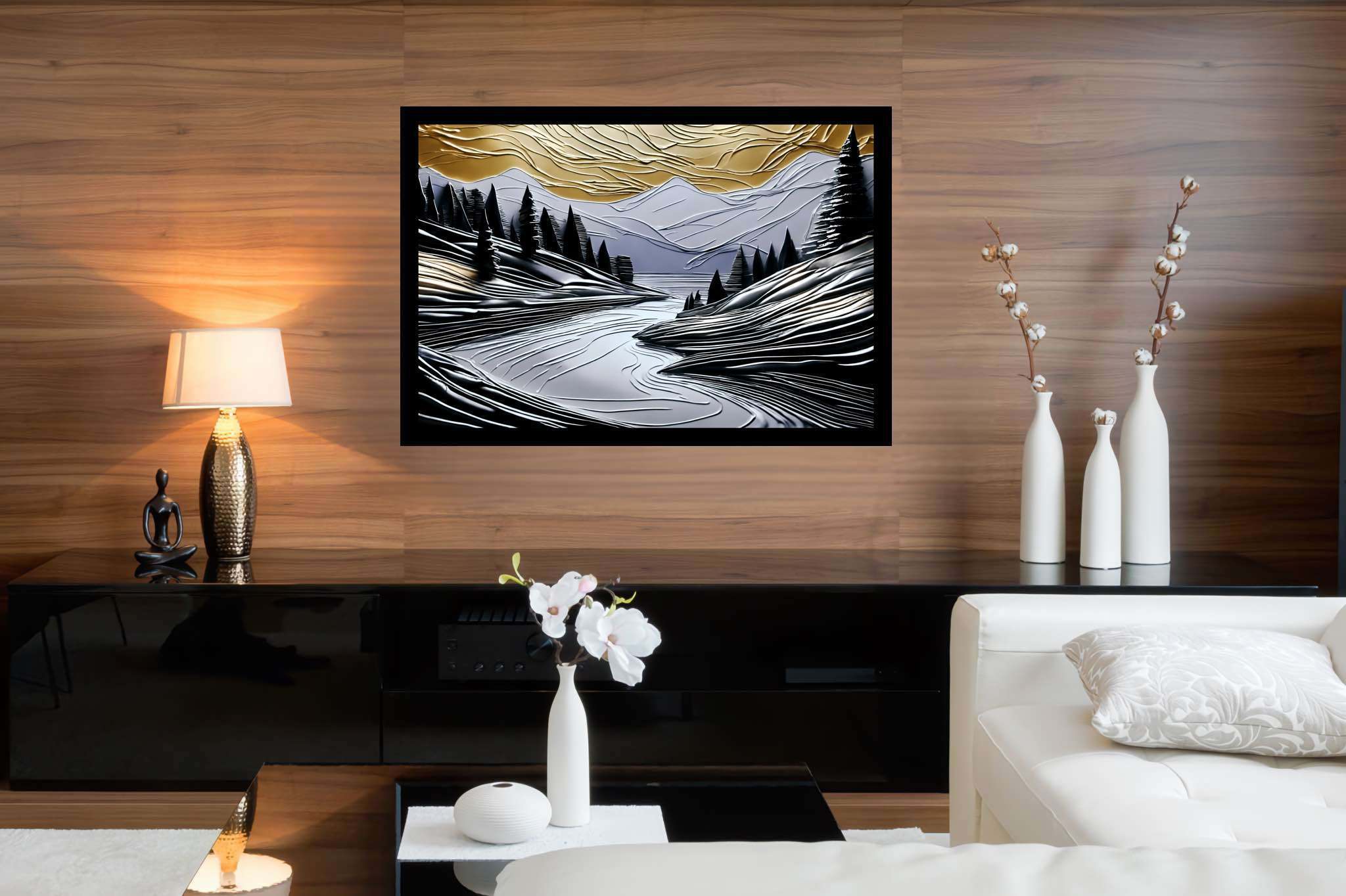 Serenade of dusk and peaks: Nature landscape art with artistic portrayal of nature, in a room with great design, abstract paintings, and elegant home goods. The art can be printed on poster, framed poster, canvas, metal, acrylic or wood, exclusively at WallArtZen. Find this exact print at https://wallartzen.com/waz44