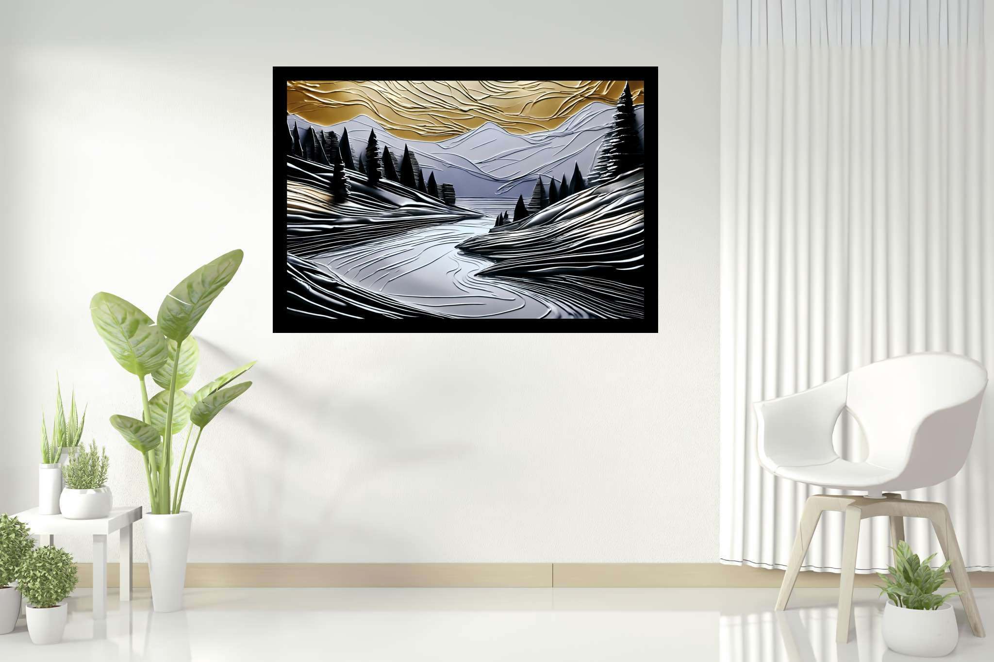 Serenade of dusk and peaks: Nature landscape art with artistic portrayal of nature, in a room with modern style, gallery-quality artwork, and luxe decor. The art can be printed on poster, framed poster, canvas, metal, acrylic or wood, exclusively at WallArtZen. Find this exact print at https://wallartzen.com/waz44