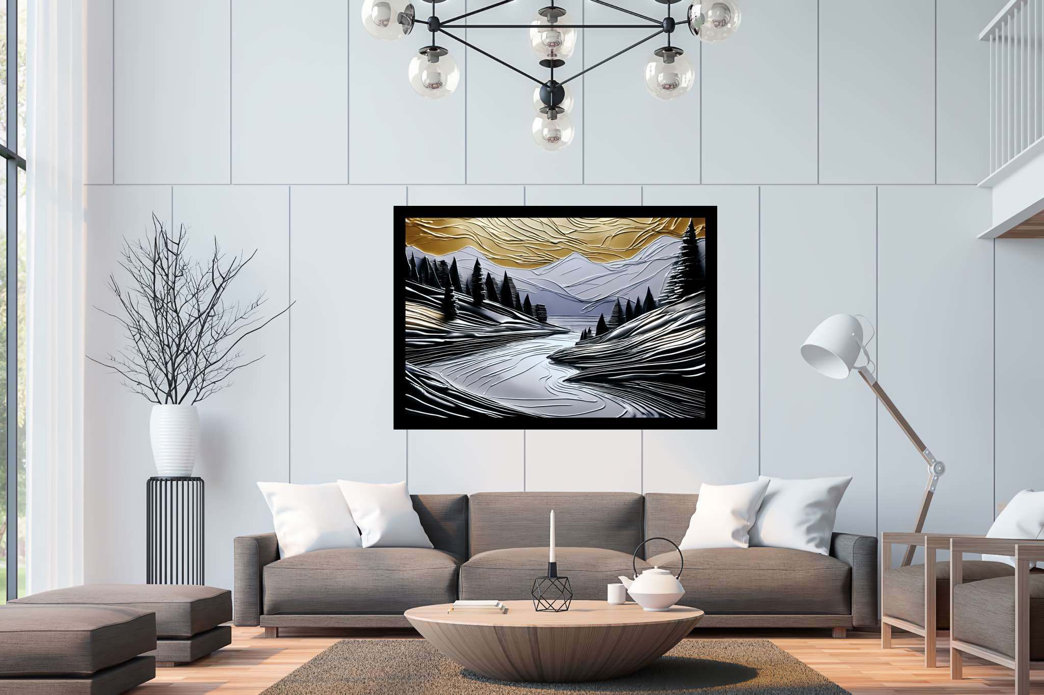 Serenade of dusk and peaks: Nature landscape art with nature landscape art, in a room with urban design, digital art pieces, and home styling items. The art can be printed on poster, framed poster, canvas, metal, acrylic or wood, exclusively at WallArtZen. Find this exact print at https://wallartzen.com/waz44
