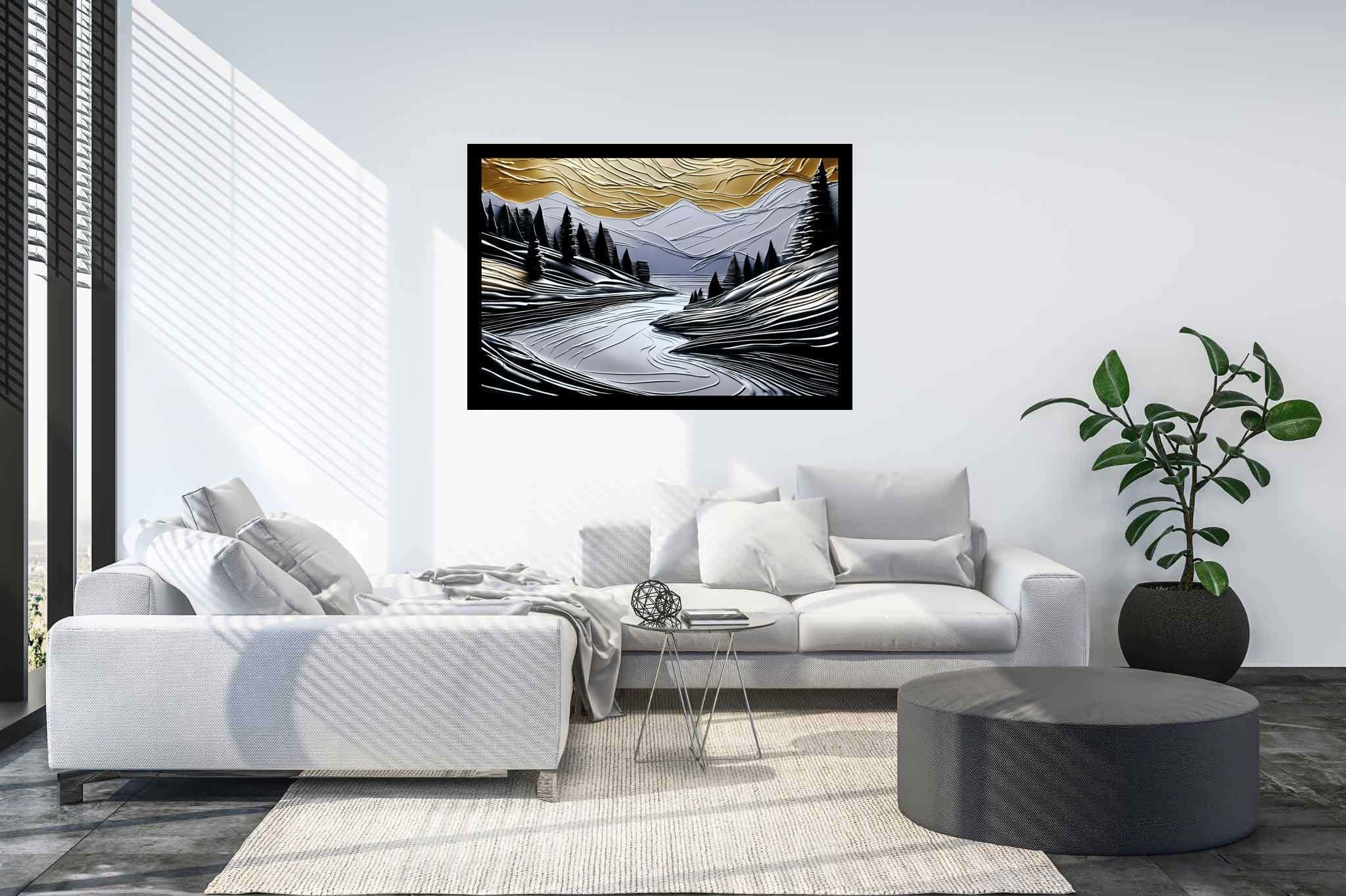 Serenade of dusk and peaks: Nature landscape art with captivating landscapes, in a room with chic decor, abstract paintings, and luxe decor. The art can be printed on poster, framed poster, canvas, metal, acrylic or wood, exclusively at WallArtZen. Find this exact print at https://wallartzen.com/waz44