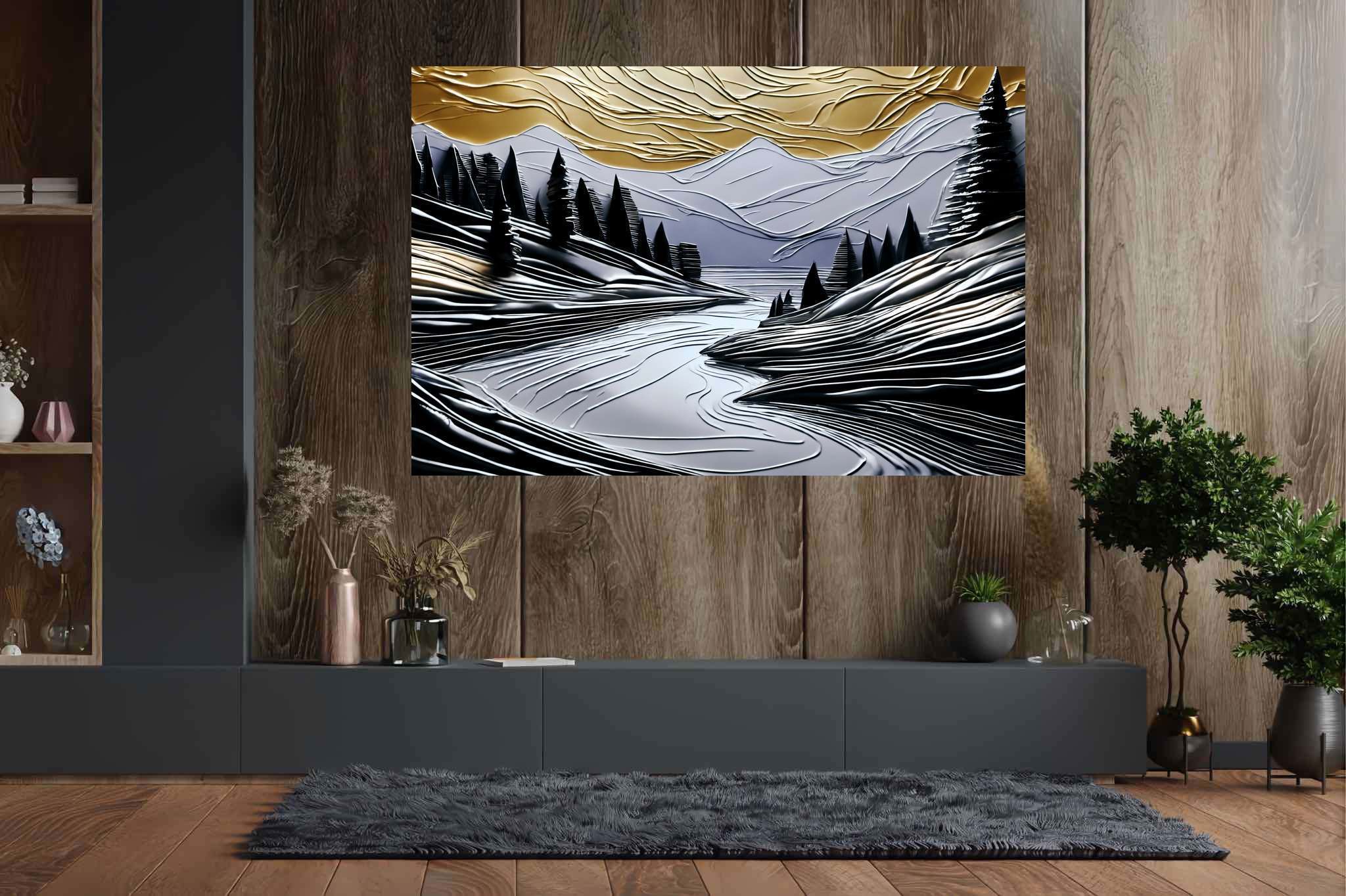 Serenade of dusk and peaks: Nature landscape art with nature-inspired artwork, in a room with innovative layout, bespoke art designs, and home styling items. The art can be printed on poster, framed poster, canvas, metal, acrylic or wood, exclusively at WallArtZen. Find this exact print at https://wallartzen.com/waz44