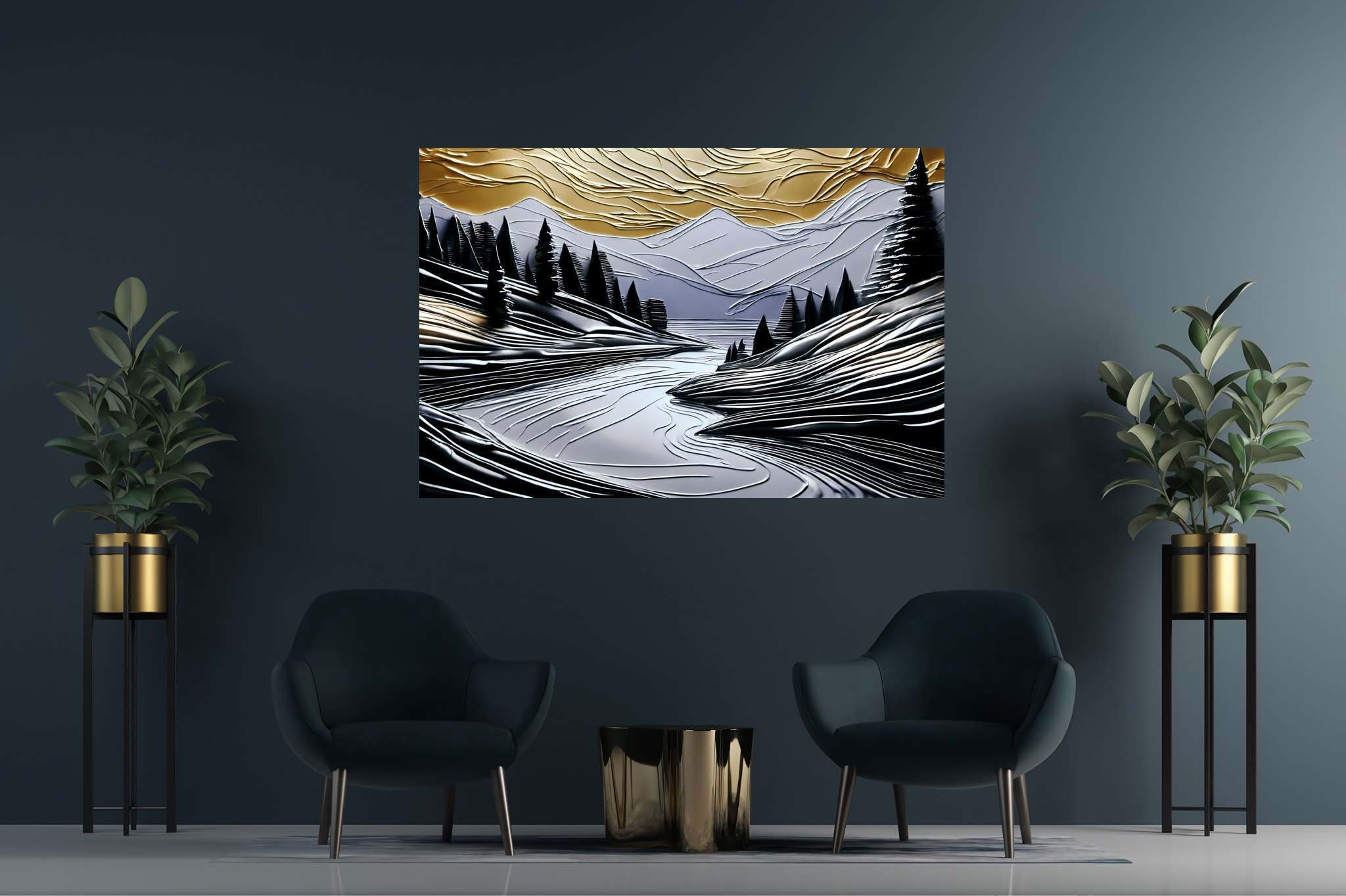 Serenade of dusk and peaks: Nature landscape art with artistic portrayal of nature, in a room with urban design, photographic wall art, and elegant home goods. The art can be printed on poster, framed poster, canvas, metal, acrylic or wood, exclusively at WallArtZen. Find this exact print at https://wallartzen.com/waz44