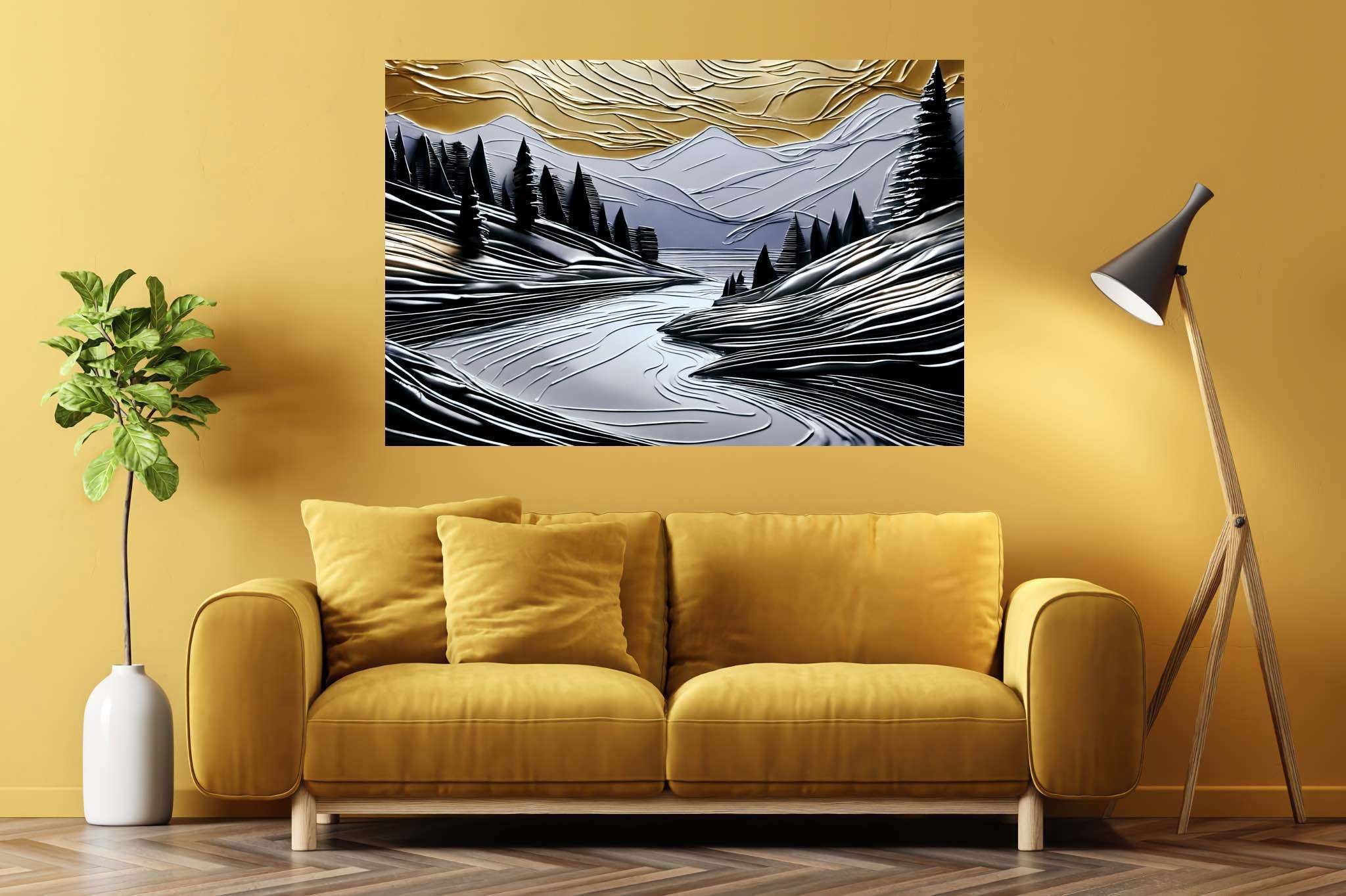 Serenade of dusk and peaks: Nature landscape art with picturesque landscapes, in a room with chic decor, gallery-quality artwork, and trendy home accents. The art can be printed on poster, framed poster, canvas, metal, acrylic or wood, exclusively at WallArtZen. Find this exact print at https://wallartzen.com/waz44