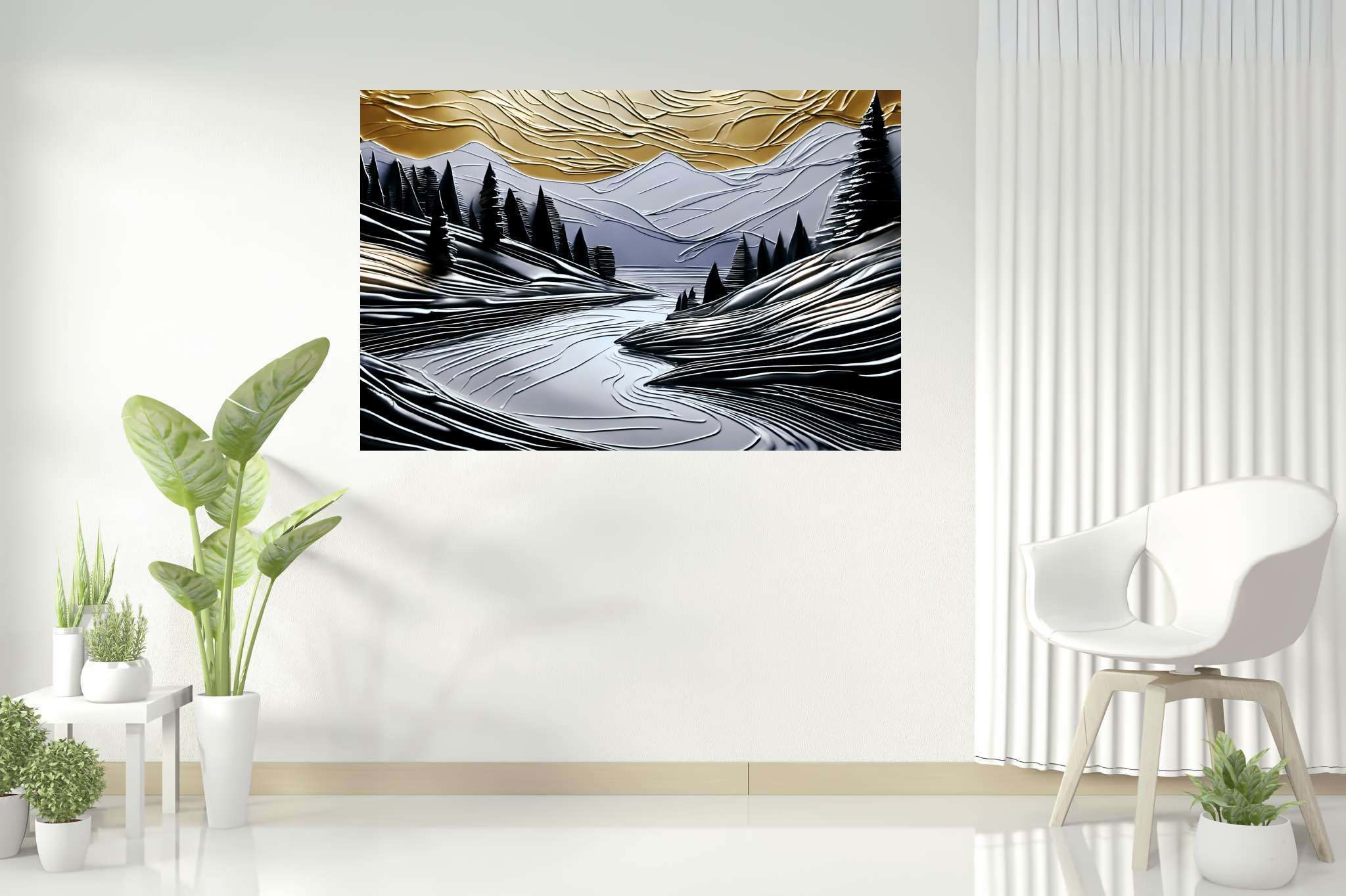 Serenade of dusk and peaks: Nature landscape art with artistic portrayal of nature, in a room with artistic style, photographic wall art, and luxe decor. The art can be printed on poster, framed poster, canvas, metal, acrylic or wood, exclusively at WallArtZen. Find this exact print at https://wallartzen.com/waz44