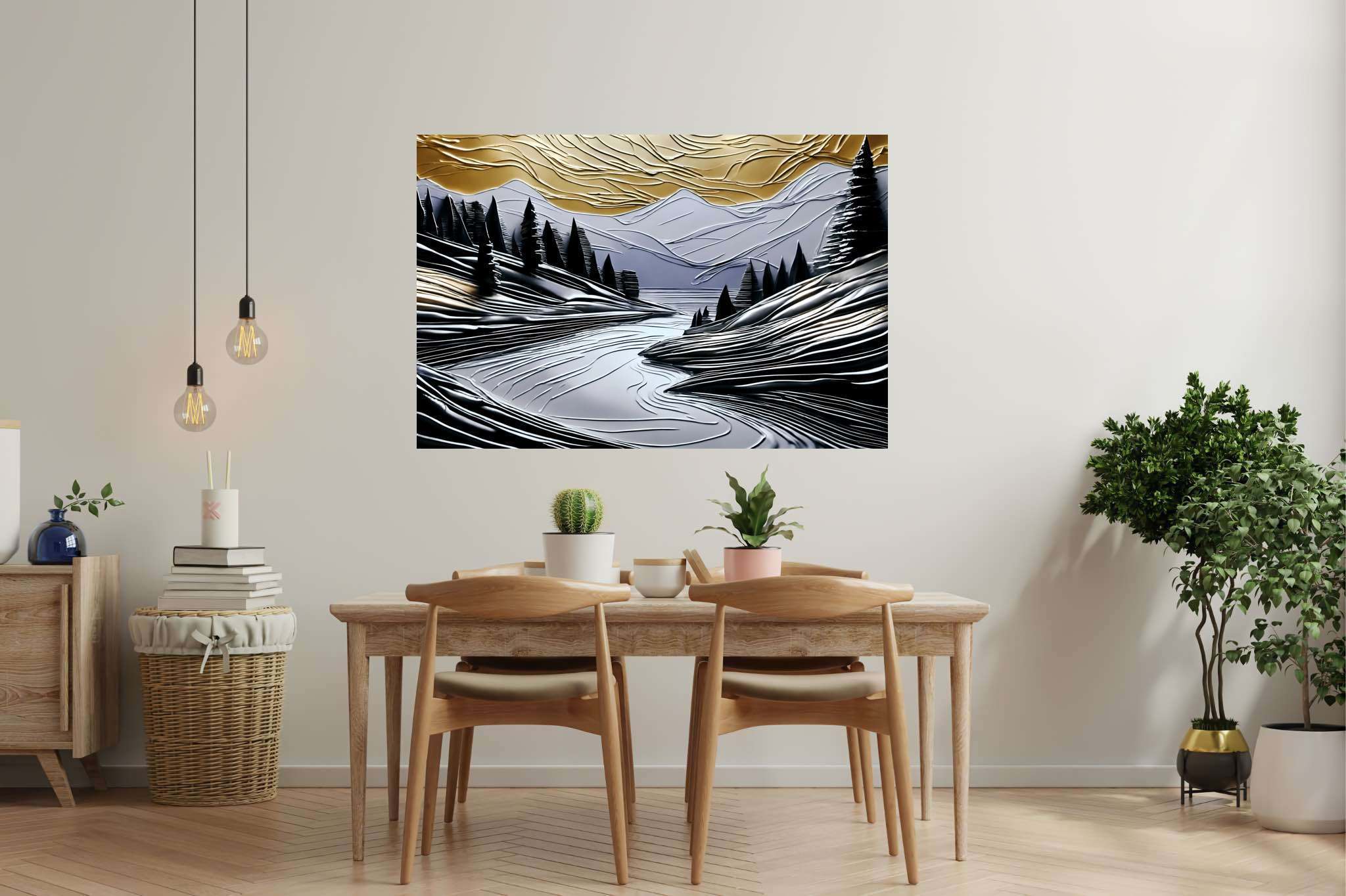 Serenade of dusk and peaks: Nature landscape art with scenic artwork, in a room with minimalist approach, fine art prints, and decorative pieces. The art can be printed on poster, framed poster, canvas, metal, acrylic or wood, exclusively at WallArtZen. Find this exact print at https://wallartzen.com/waz44