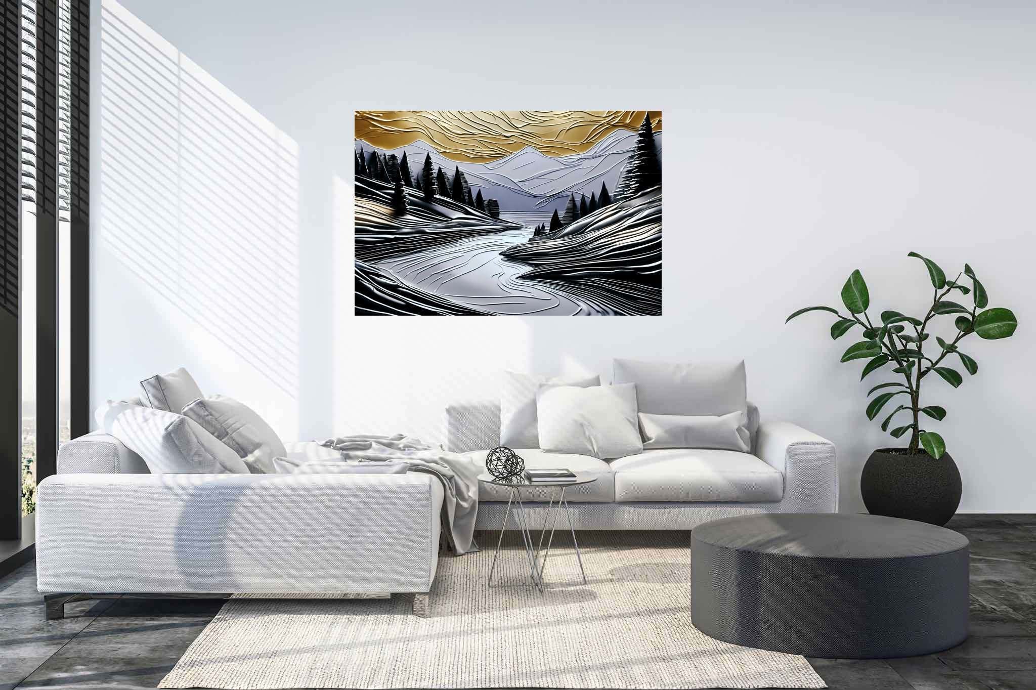 Serenade of dusk and peaks: Nature landscape art with artistic portrayal of nature, in a room with modern style, gallery-quality artwork, and decorative pieces. The art can be printed on poster, framed poster, canvas, metal, acrylic or wood, exclusively at WallArtZen. Find this exact print at https://wallartzen.com/waz44