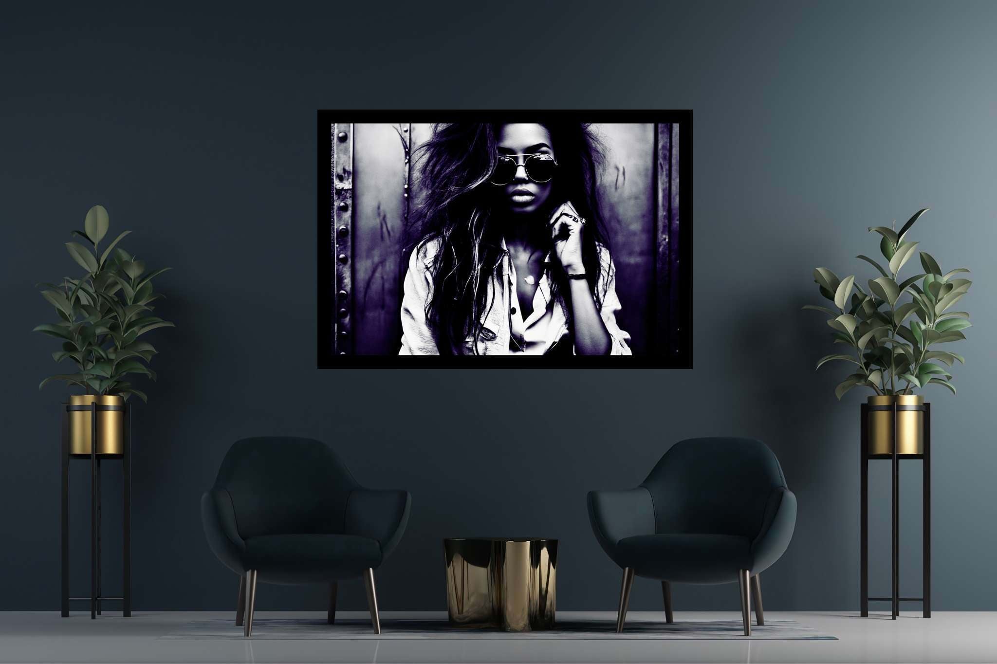 Silhouetted riddles in monochrome: Sunglasses art with creative shades, in a room with modern style, fine art prints, and luxe decor. The art can be printed on poster, framed poster, canvas, metal, acrylic or wood, exclusively at WallArtZen. Find this exact print at https://wallartzen.com/waz45