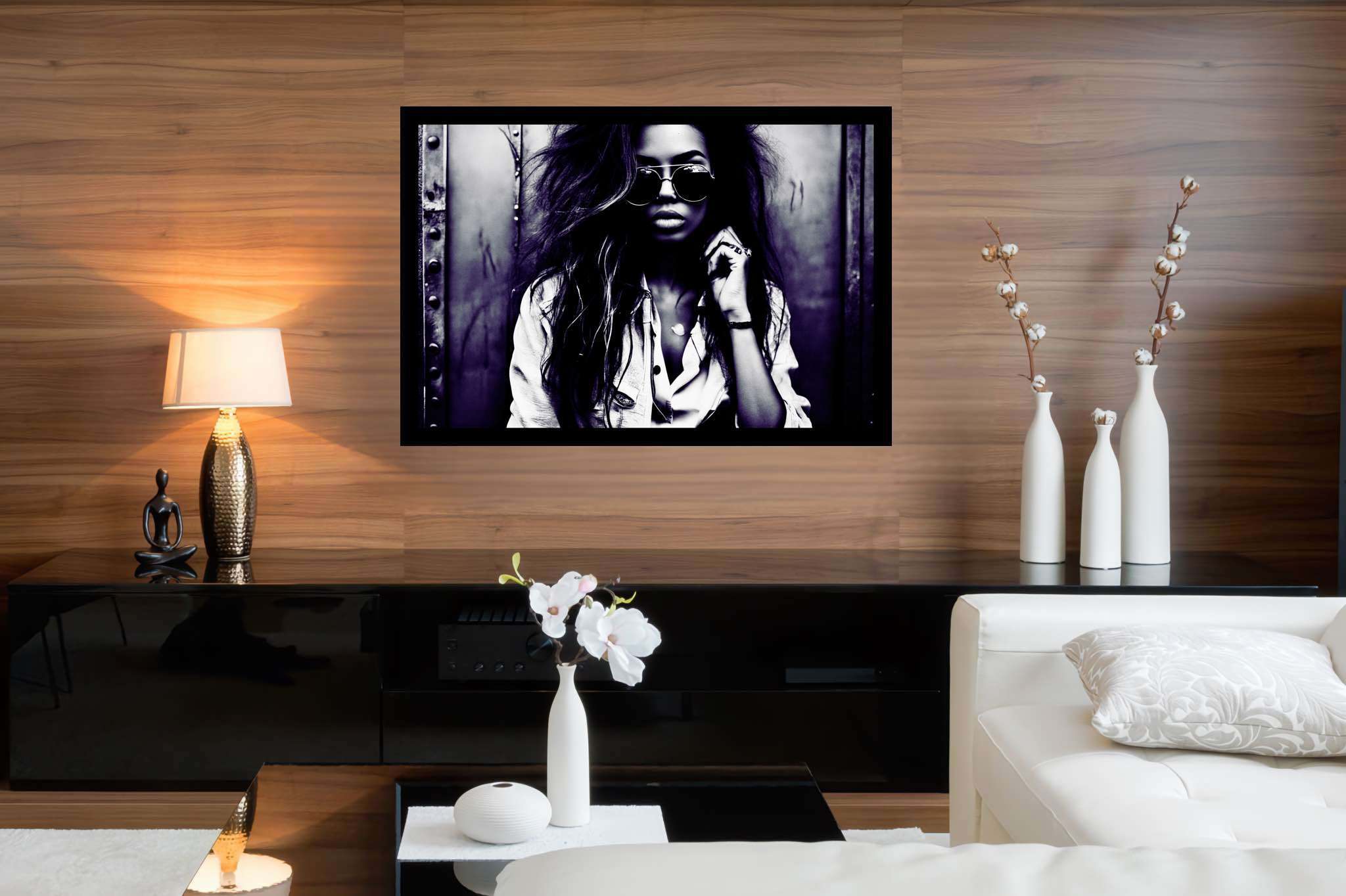 Silhouetted riddles in monochrome: Sunglasses art with funky sunglasses, in a room with minimalist approach, canvas prints, and trendy home accents. The art can be printed on poster, framed poster, canvas, metal, acrylic or wood, exclusively at WallArtZen. Find this exact print at https://wallartzen.com/waz45