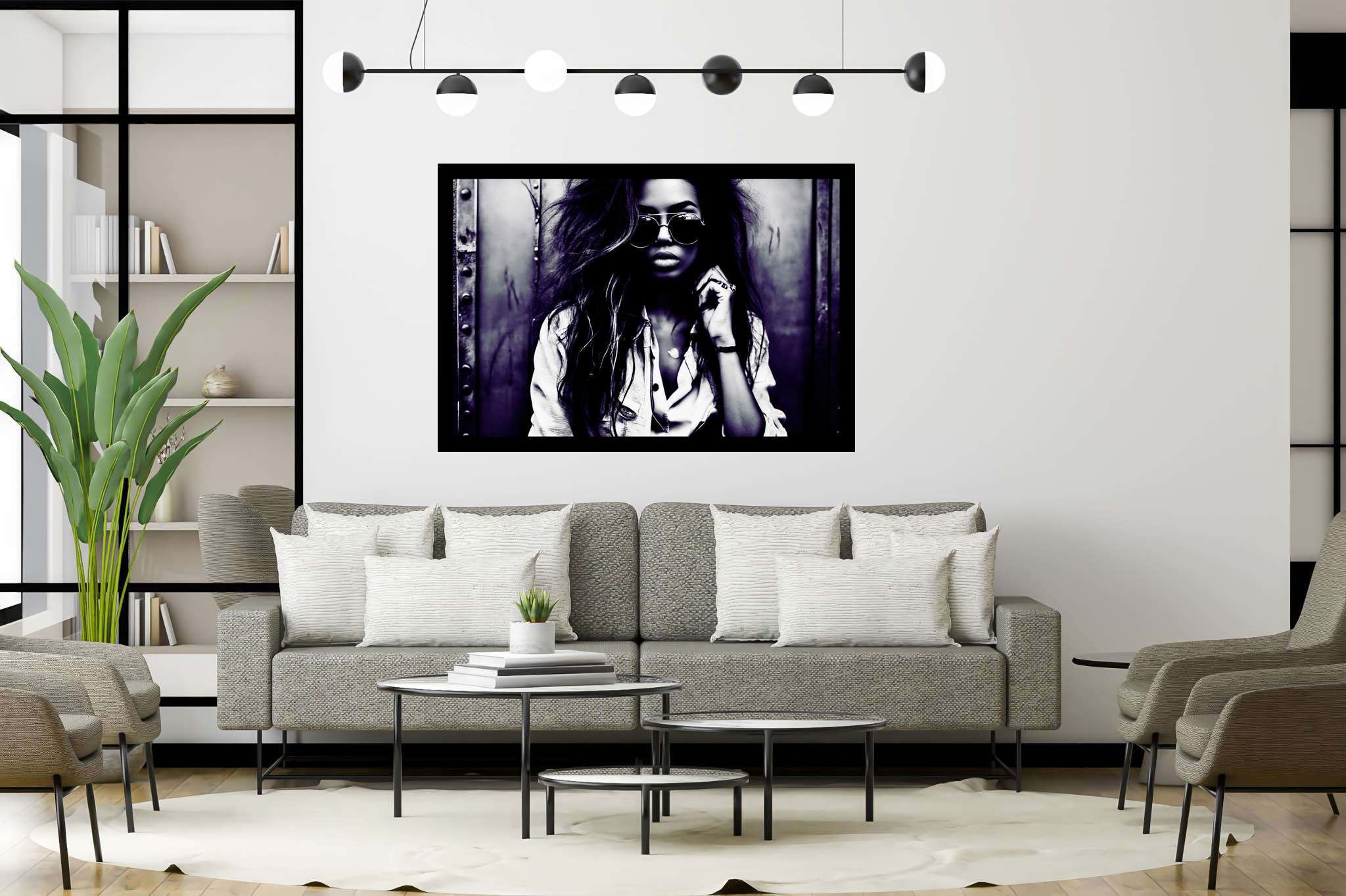 Silhouetted riddles in monochrome: Sunglasses art with expressive artwork, in a room with contemporary flair, framed art, and decorative pieces. The art can be printed on poster, framed poster, canvas, metal, acrylic or wood, exclusively at WallArtZen. Find this exact print at https://wallartzen.com/waz45