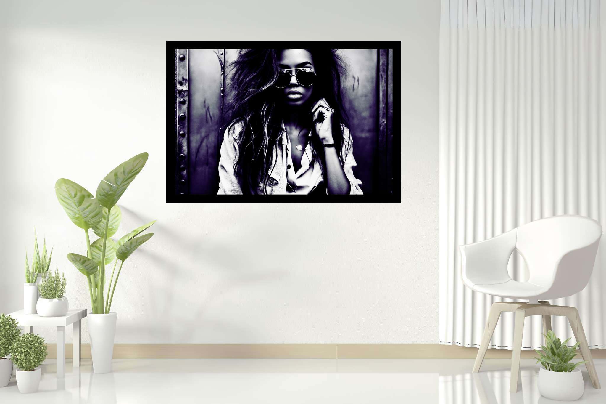 Silhouetted riddles in monochrome: Sunglasses art with whimsical glasses, in a room with chic decor, wall hangings, and designer furniture. The art can be printed on poster, framed poster, canvas, metal, acrylic or wood, exclusively at WallArtZen. Find this exact print at https://wallartzen.com/waz45