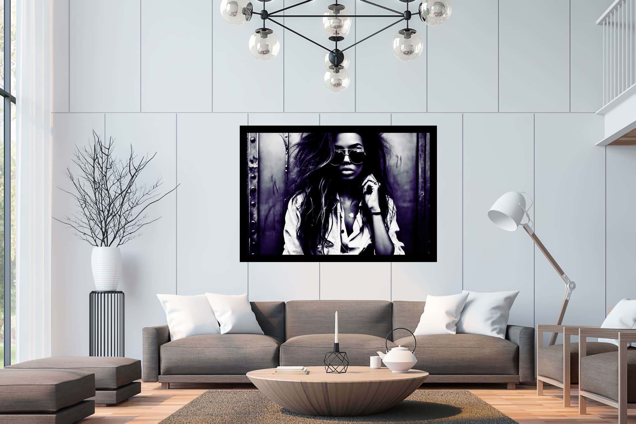 Silhouetted riddles in monochrome: Sunglasses art with expressive artwork, in a room with minimalist approach, gallery-quality artwork, and decorative pieces. The art can be printed on poster, framed poster, canvas, metal, acrylic or wood, exclusively at WallArtZen. Find this exact print at https://wallartzen.com/waz45