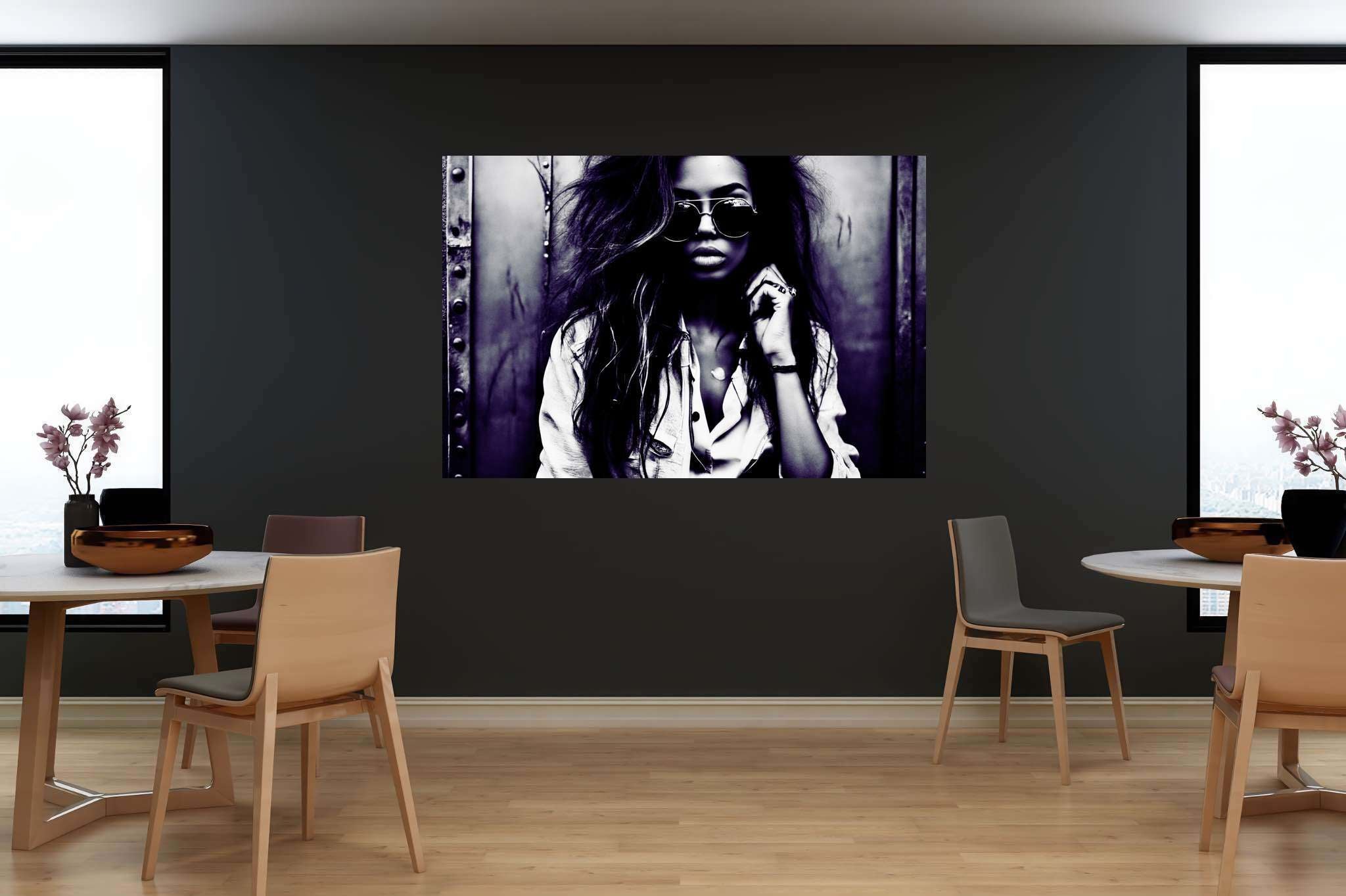 Silhouetted riddles in monochrome: Sunglasses art with eccentric eyewear, in a room with contemporary flair, wall hangings, and trendy home accents. The art can be printed on poster, framed poster, canvas, metal, acrylic or wood, exclusively at WallArtZen. Find this exact print at https://wallartzen.com/waz45